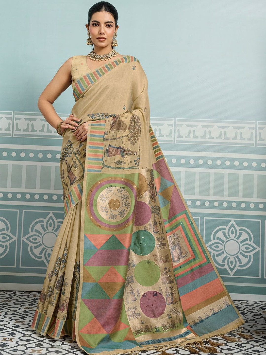 SHOPLANCE Kalamkari Printed Sequinned Pure Cotton Banarasi Saree