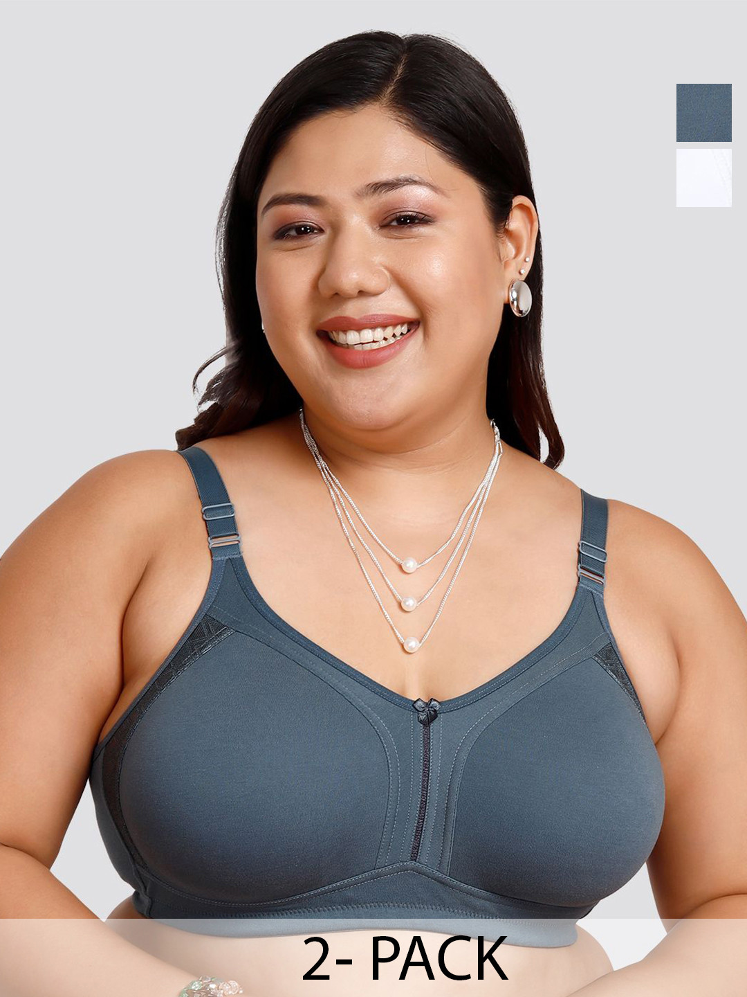 MAASHIE  Pack of 2 Plus Size Full Coverage Side Panel Lace Double Layered Cups Everyday Bra