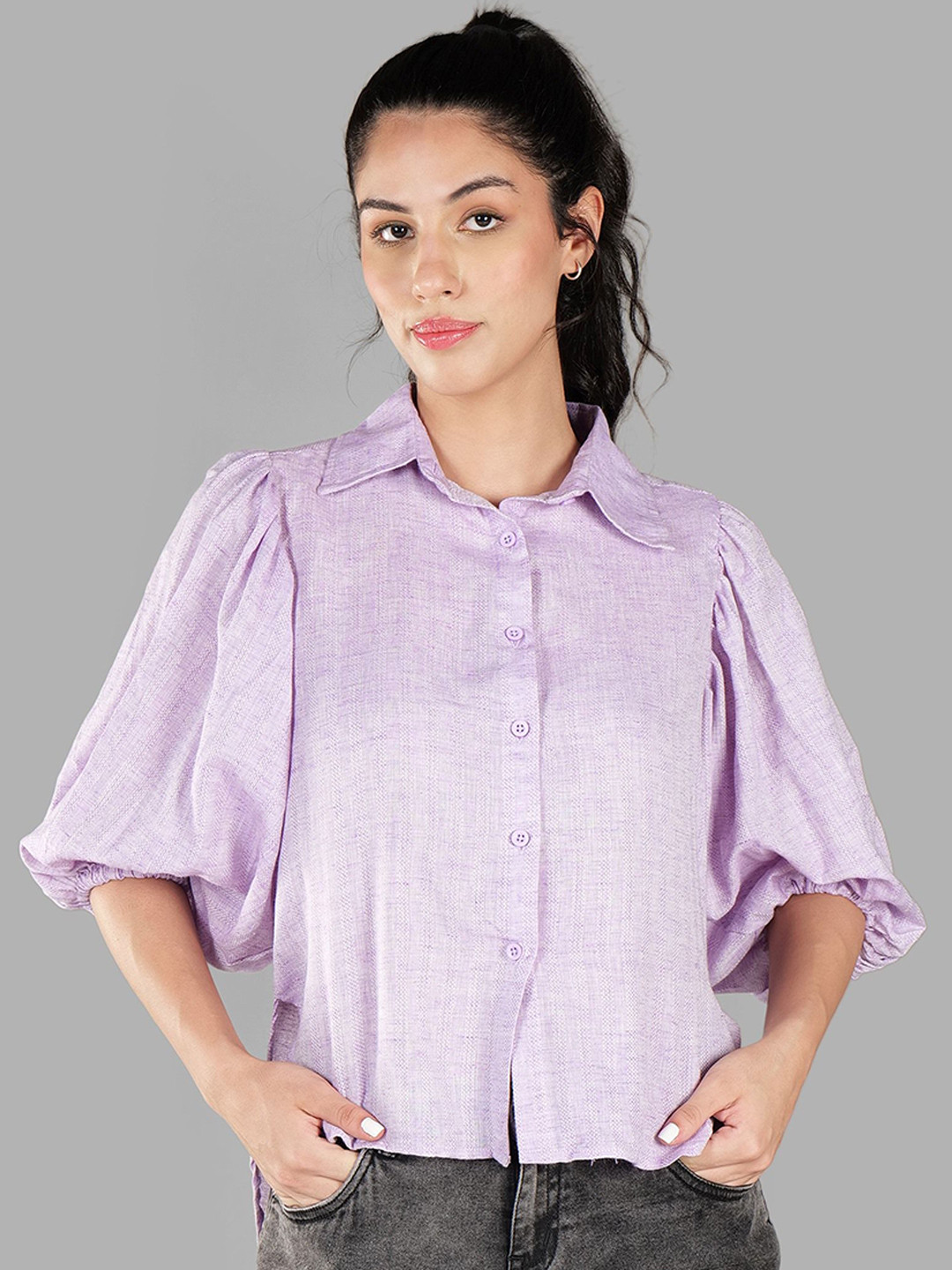 COORDSHUB Women Textured Spread Collar Pure Cotton Casual Shirt