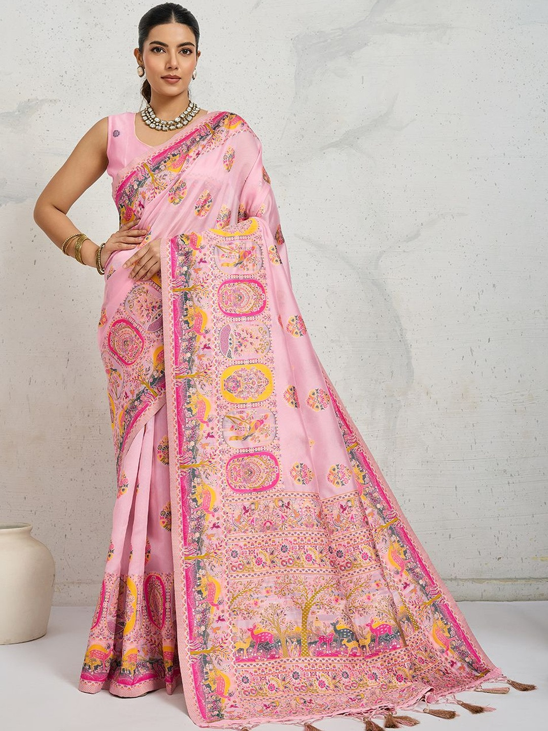 100 Dreams Kalamkari Embroidered Zari Banarasi Saree with tassels