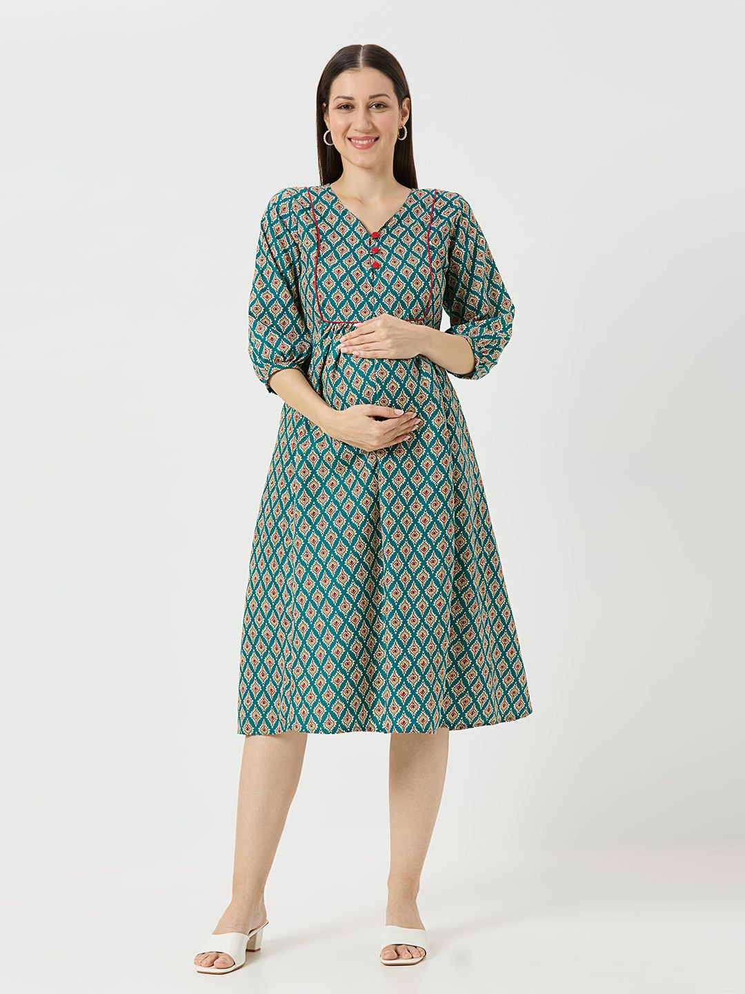 Mom For Sure by Ketki Dalal Women Ethnic Motifs Print Maternity A-Line Midi Dress