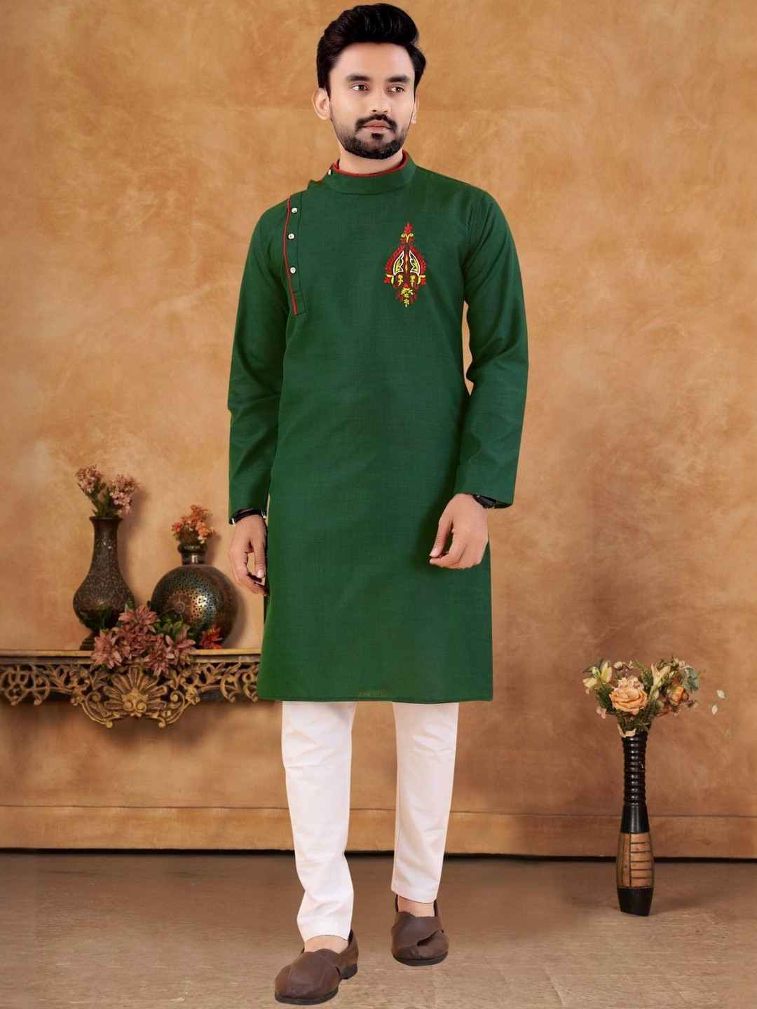 MERAHKI CLOTHING Embroidered Angrakha Pure Cotton Straight Kurta With Pyjamas
