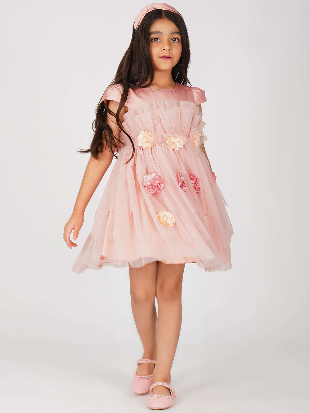 Creative Kids Girls Floral Bow Ruffle Layered Net Fit & Flare Midi Dress
