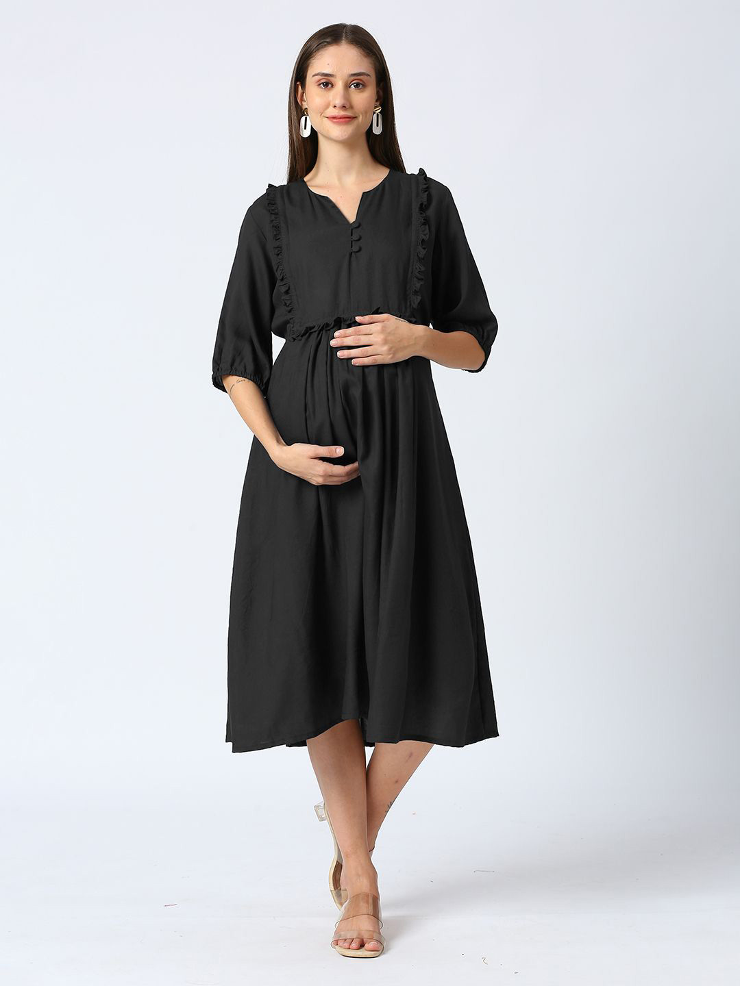 Mom For Sure by Ketki Dalal Women Ruffled Maternity A-Line Midi Dress