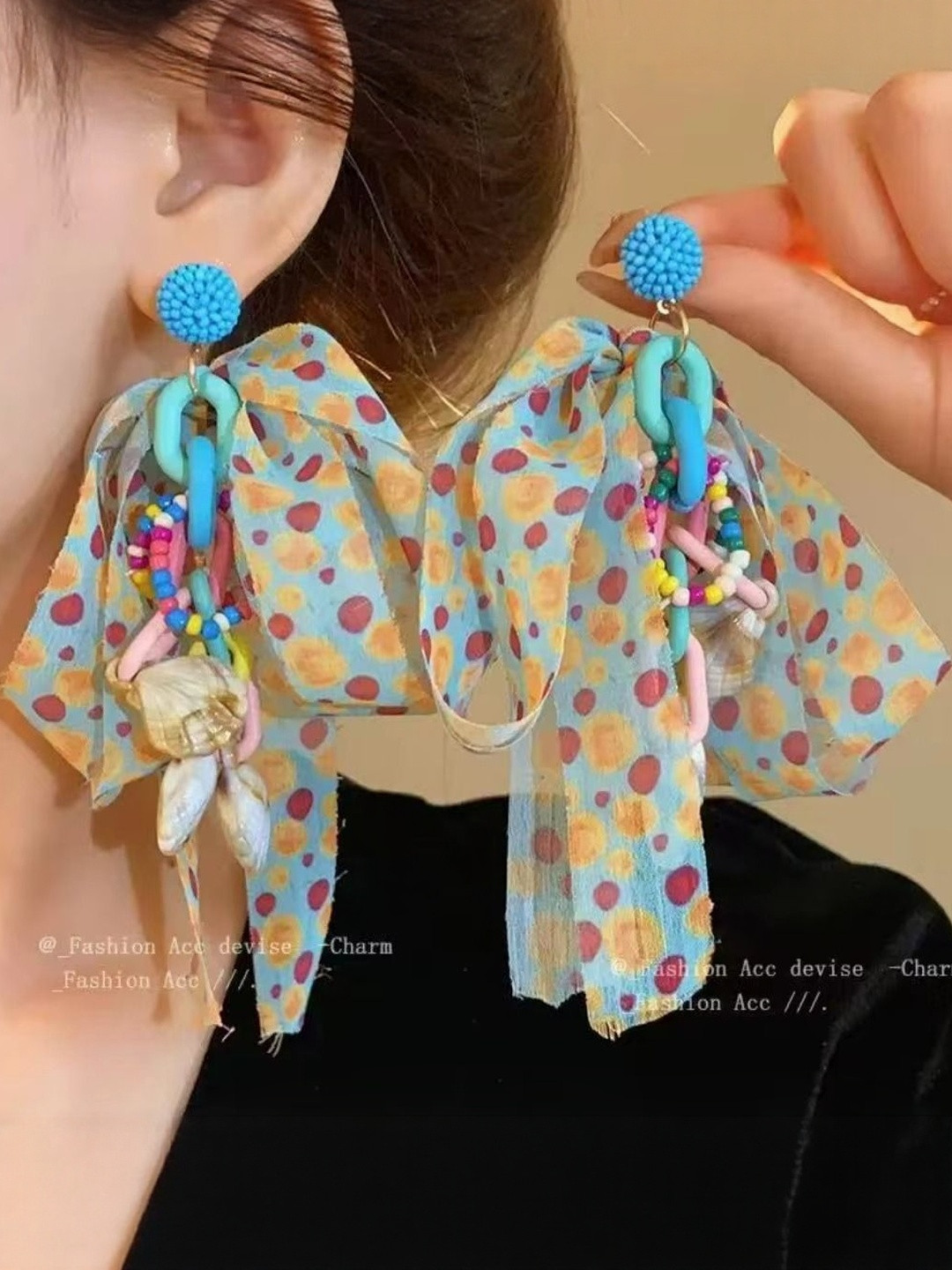 Aurum & You Silver Artificial Beaded Tasselled Quirky Ribbon Drop Earrings