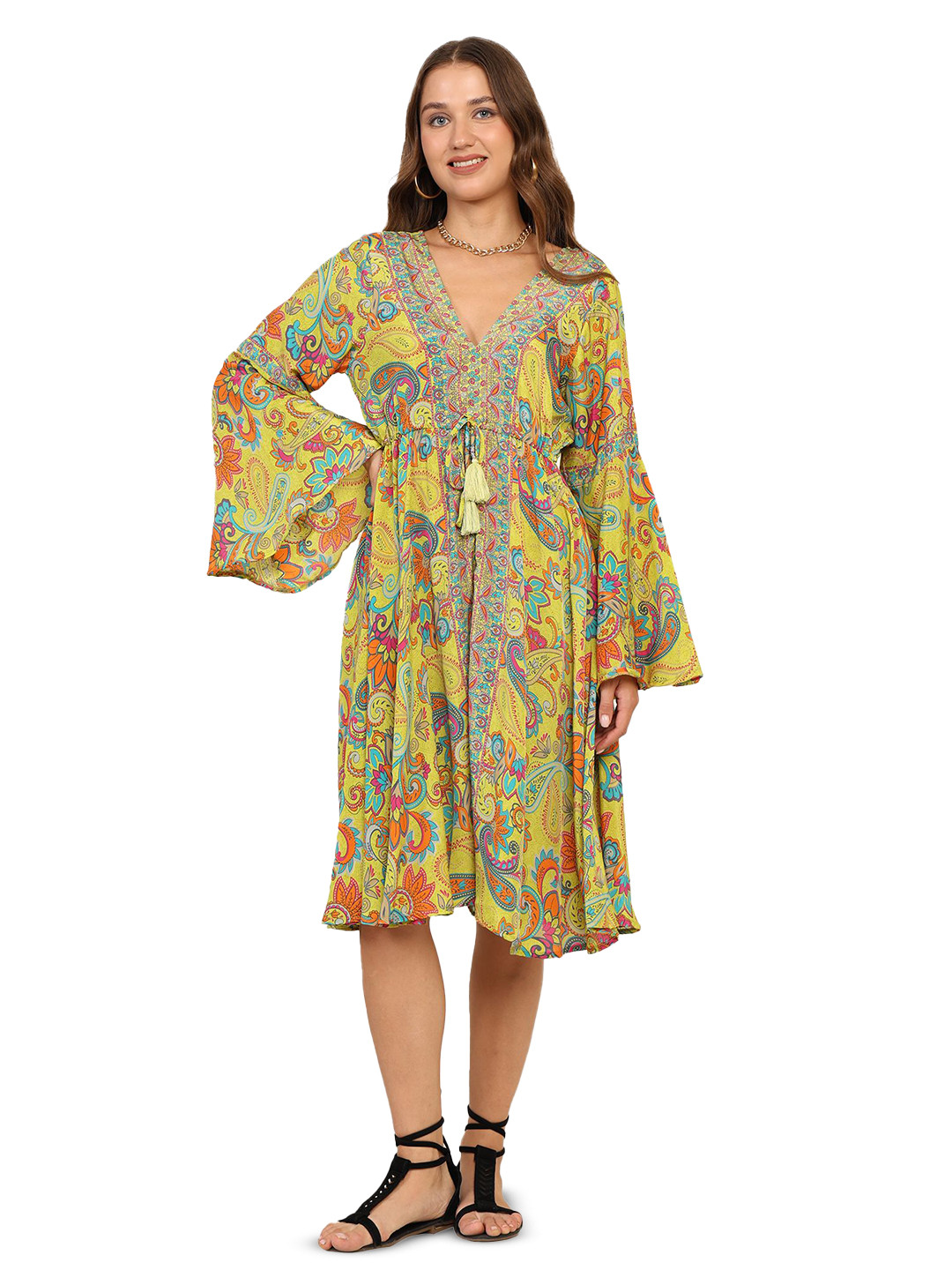 GALE GIRLS Women V-Neck Bohemian Print Bell Sleeve Fit & Flare Dress