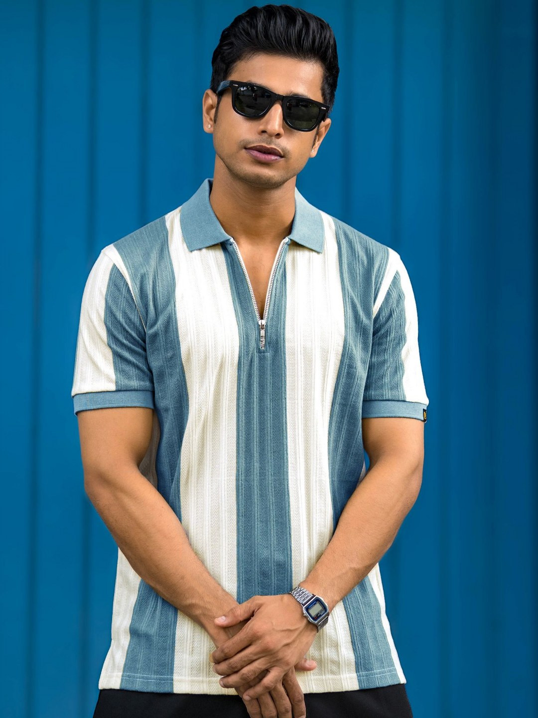 Maniac Men Bold Stripe Half Zipper Polo Neck Half Sleeve Tshirt