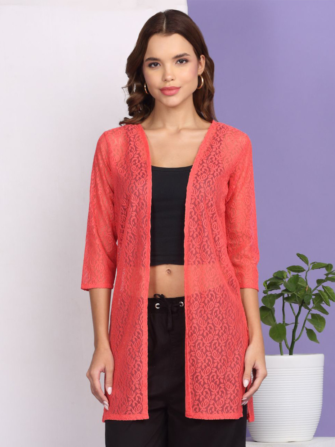 MORDEN MUSE Self Design V-Neck Longline Sheer Shrug