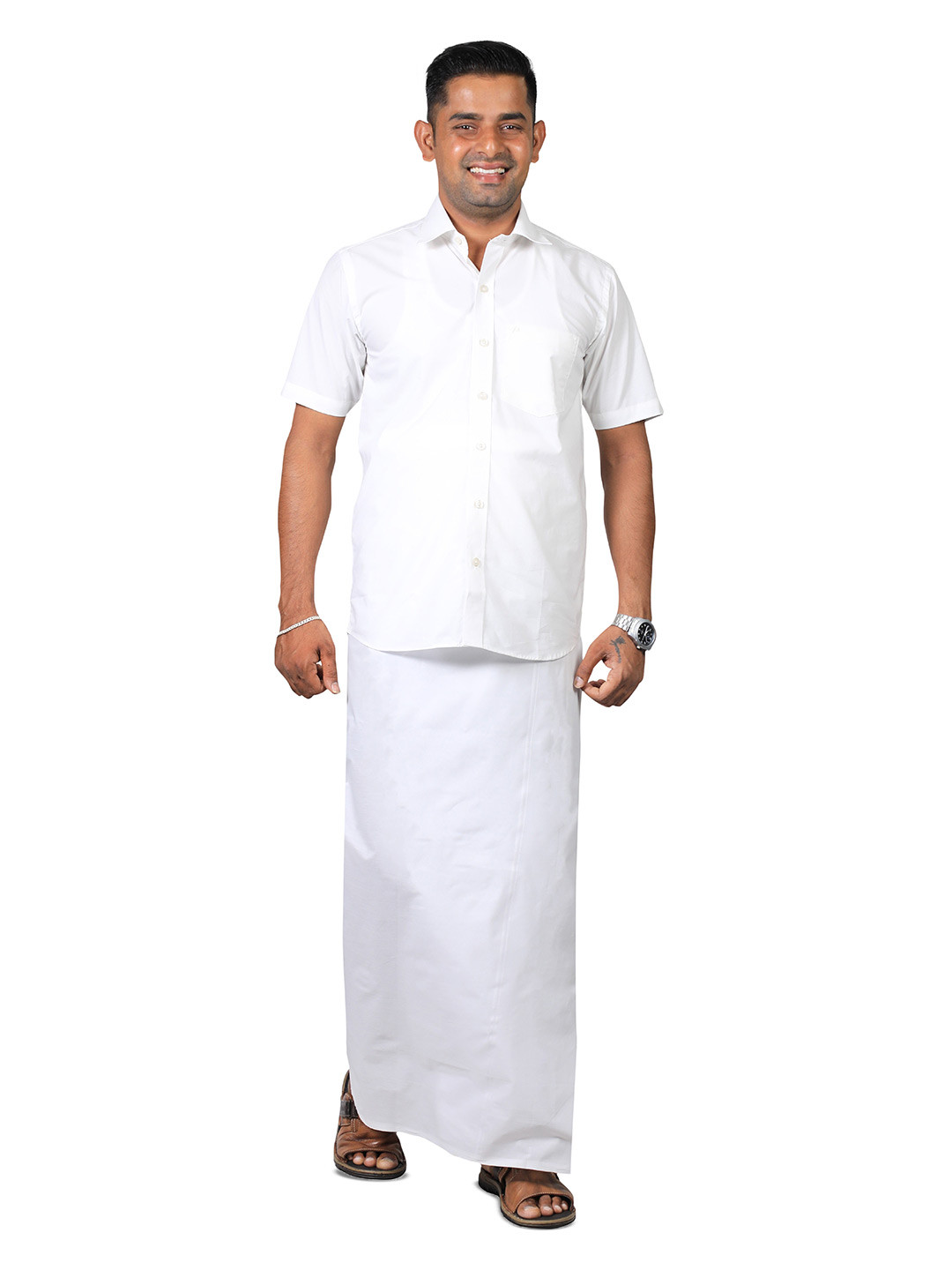 PRAKASAM COTTON Men Traditional Cotton White Half  Shirt with single Dhoti Set