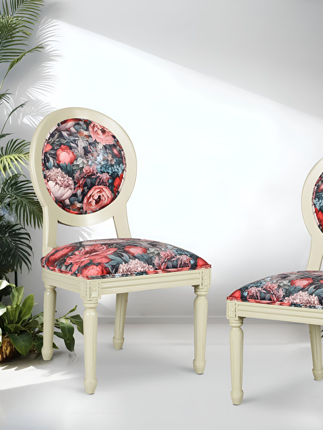 GLOBALLY INDIAN Beige & Pink 2 Pieces Printed Wooden Lounge Chairs