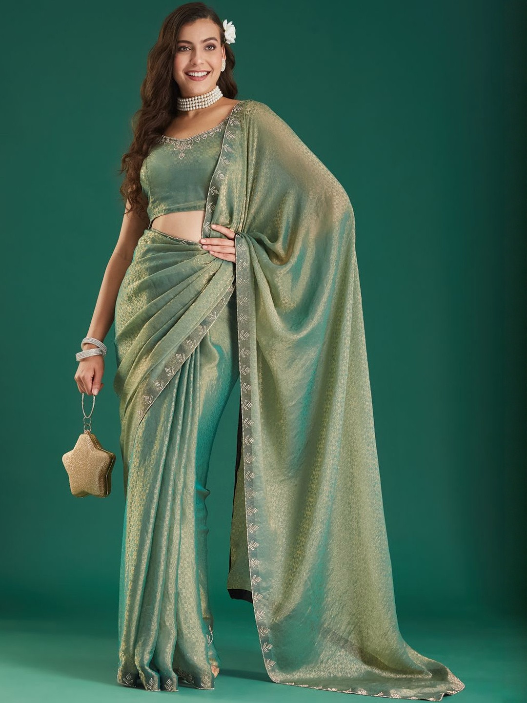ECOLEAF Women Woven Design Beads and Stones Saree