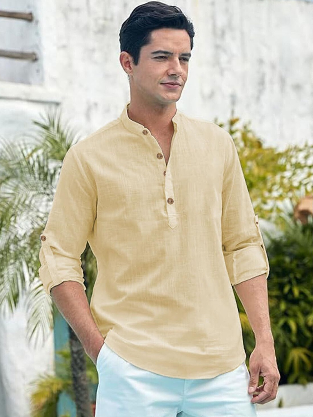 Edin Men Beige Solid Roll Up Sleeve Cotton Kurtas