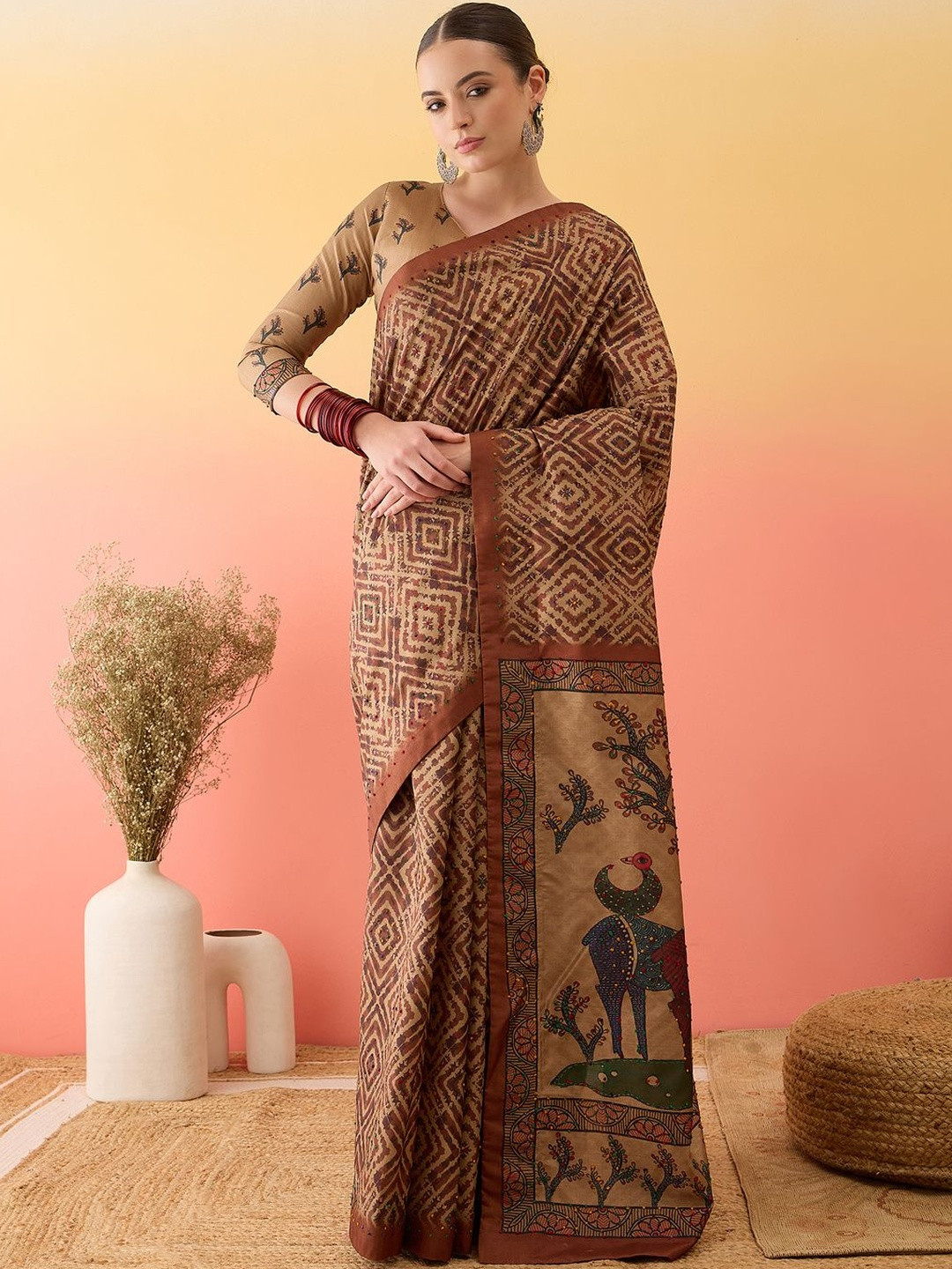 Sangria Geometric Printed Ikat Saree With Matching Blouse