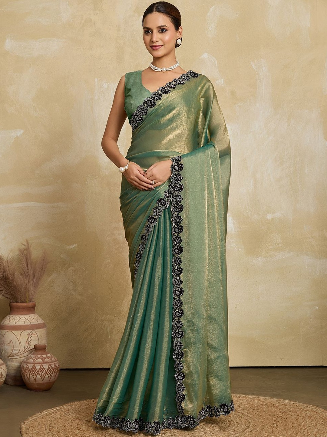 VASTRA-THE FACTORY STORE Paisley Embellished Beads and Stones Tissue Saree