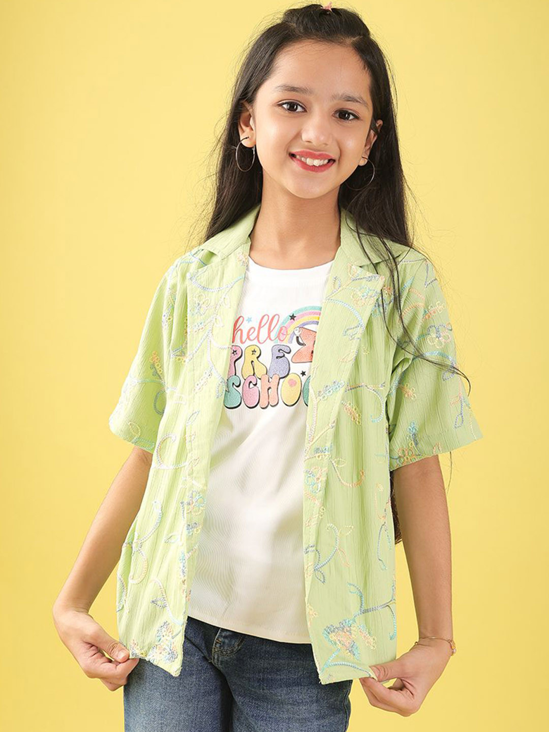 Miss & Chief Girls Lapel Collar Embroidered Shirt With T-shirt Tops