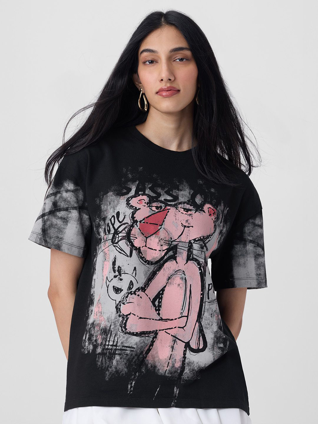 The Souled Store Oversized Pink Panther Pink Talk Printed Pure Cotton T-Shirt
