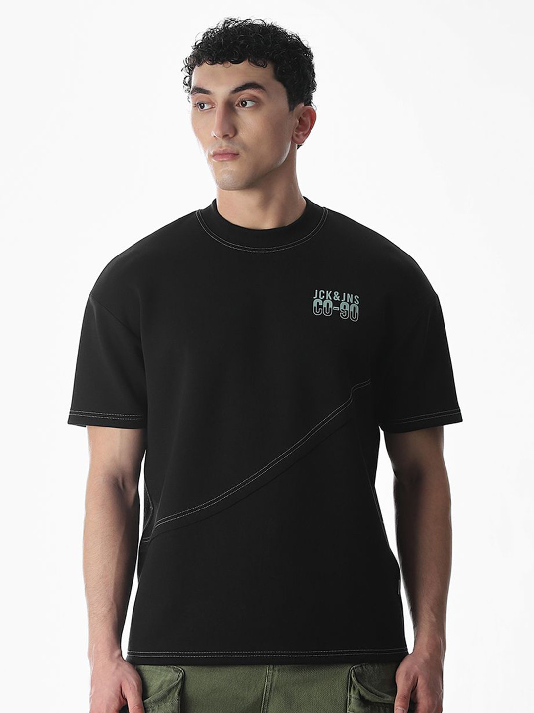 Jack & Jones Typography Printed Round Neck Oversized Contrast Stitch T-shirt