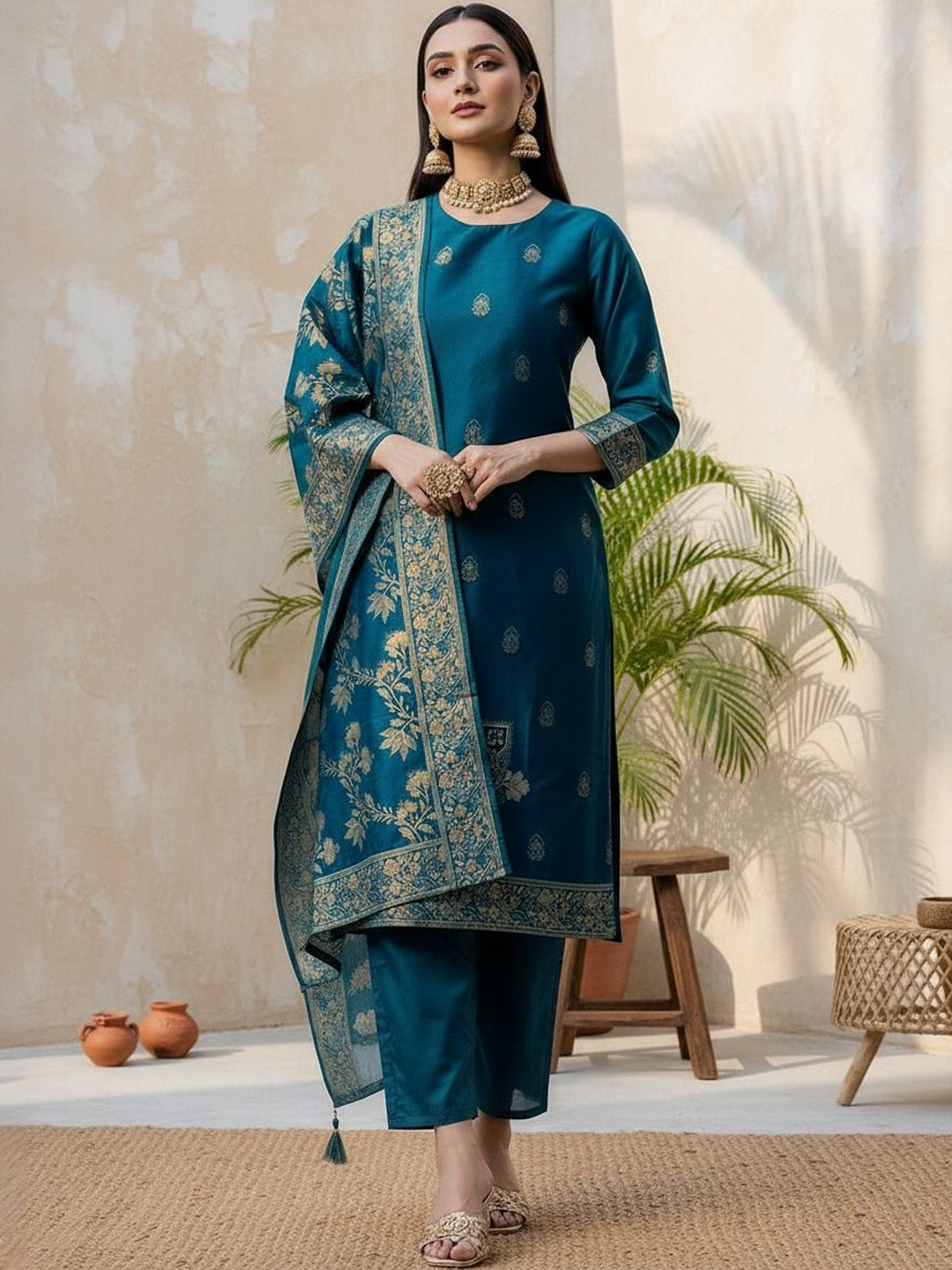 Twika Women Ethnic Motifs Woven Design Regular Kurta with Trousers & Dupatta