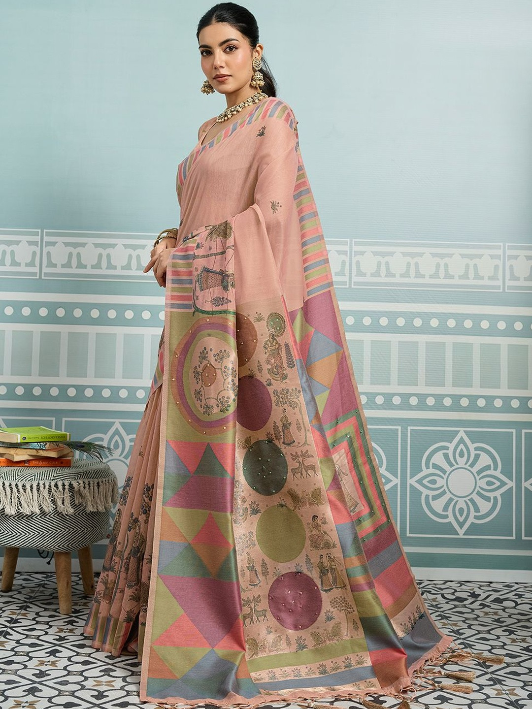 SHOPLANCE Geometric Printed Baluchari Pure Cotton Saree