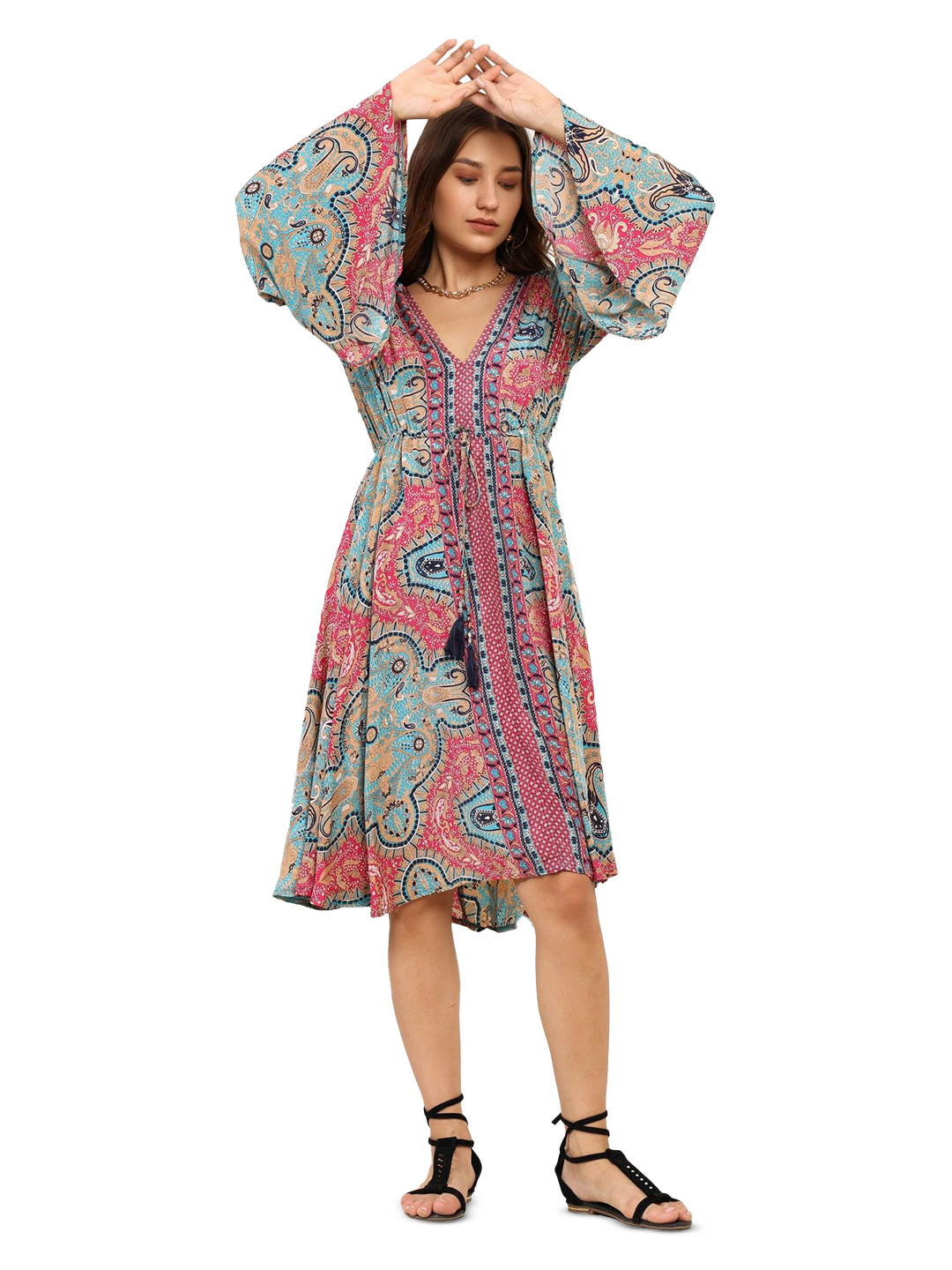 GALE GIRLS Bohemian Printed Bell Sleeve Fit & Flare Dress