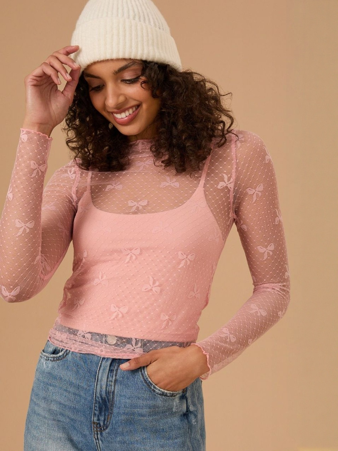 StyleCast Women Pink Self Design Sheer Long Sleeves Top