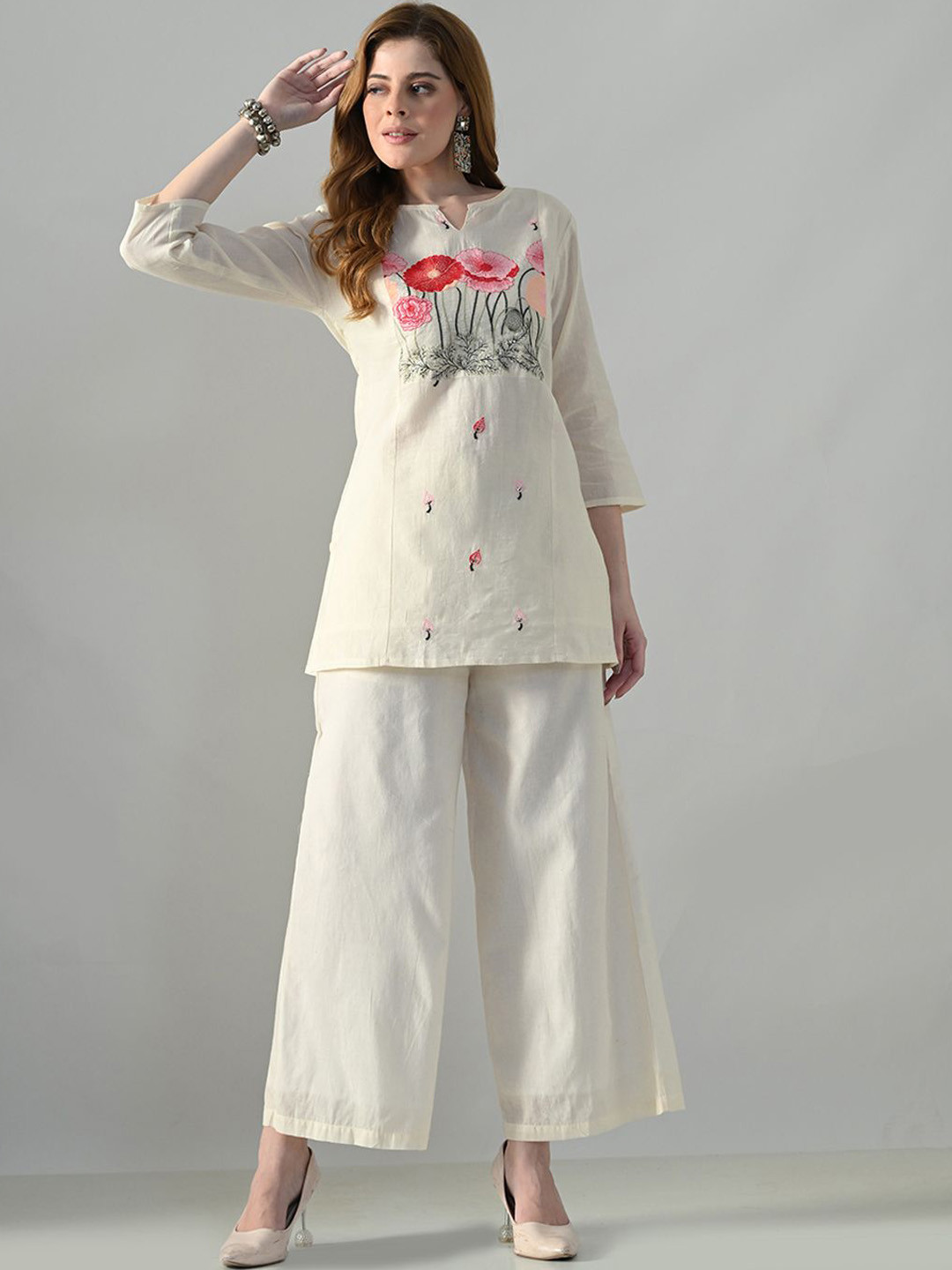 Myshka Thread Embroidered Pure Cotton Tunic & Wide Leg Trousers