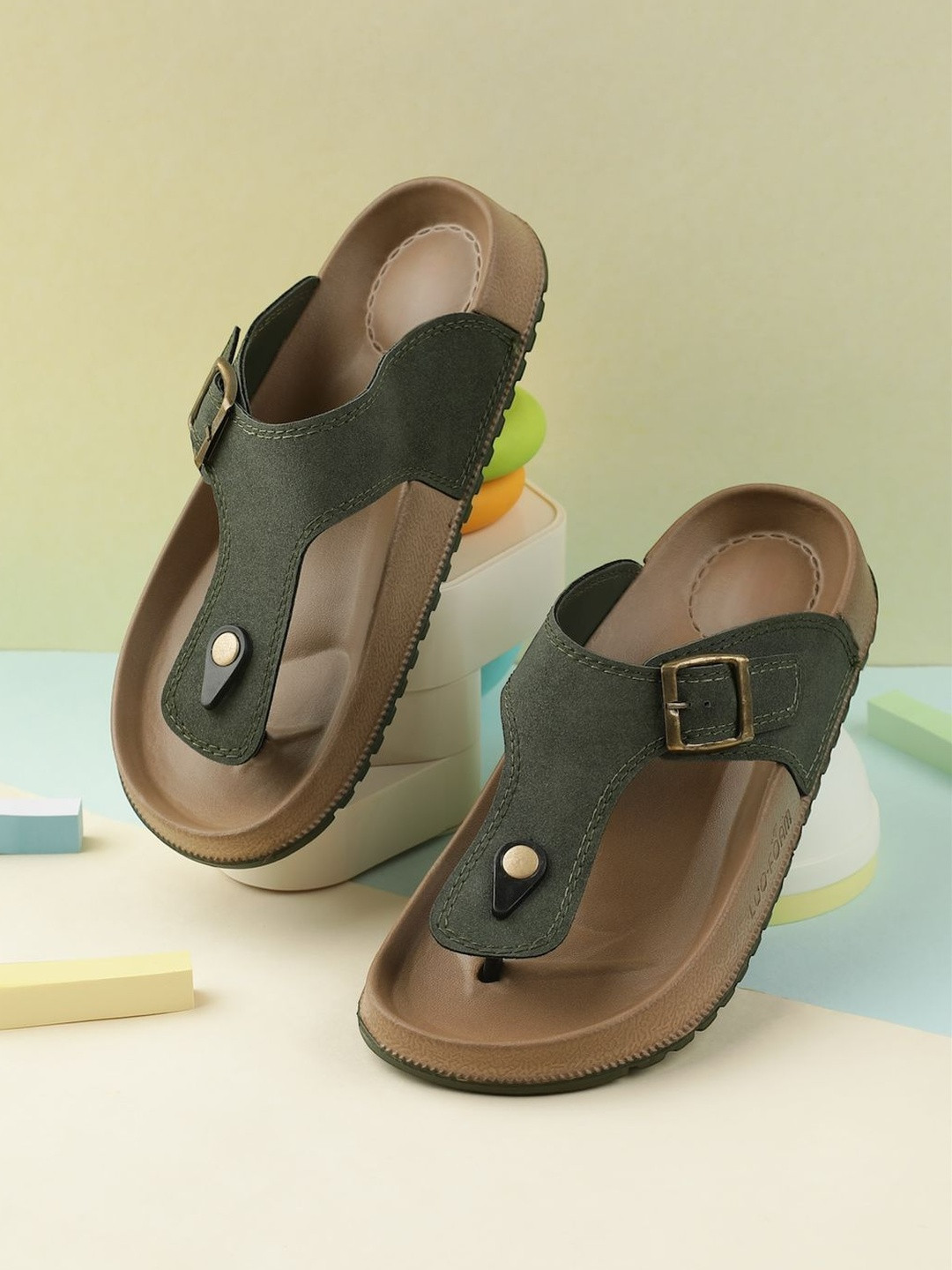COGS Men Olive Slip-On Leather Casual Comfort Sandals