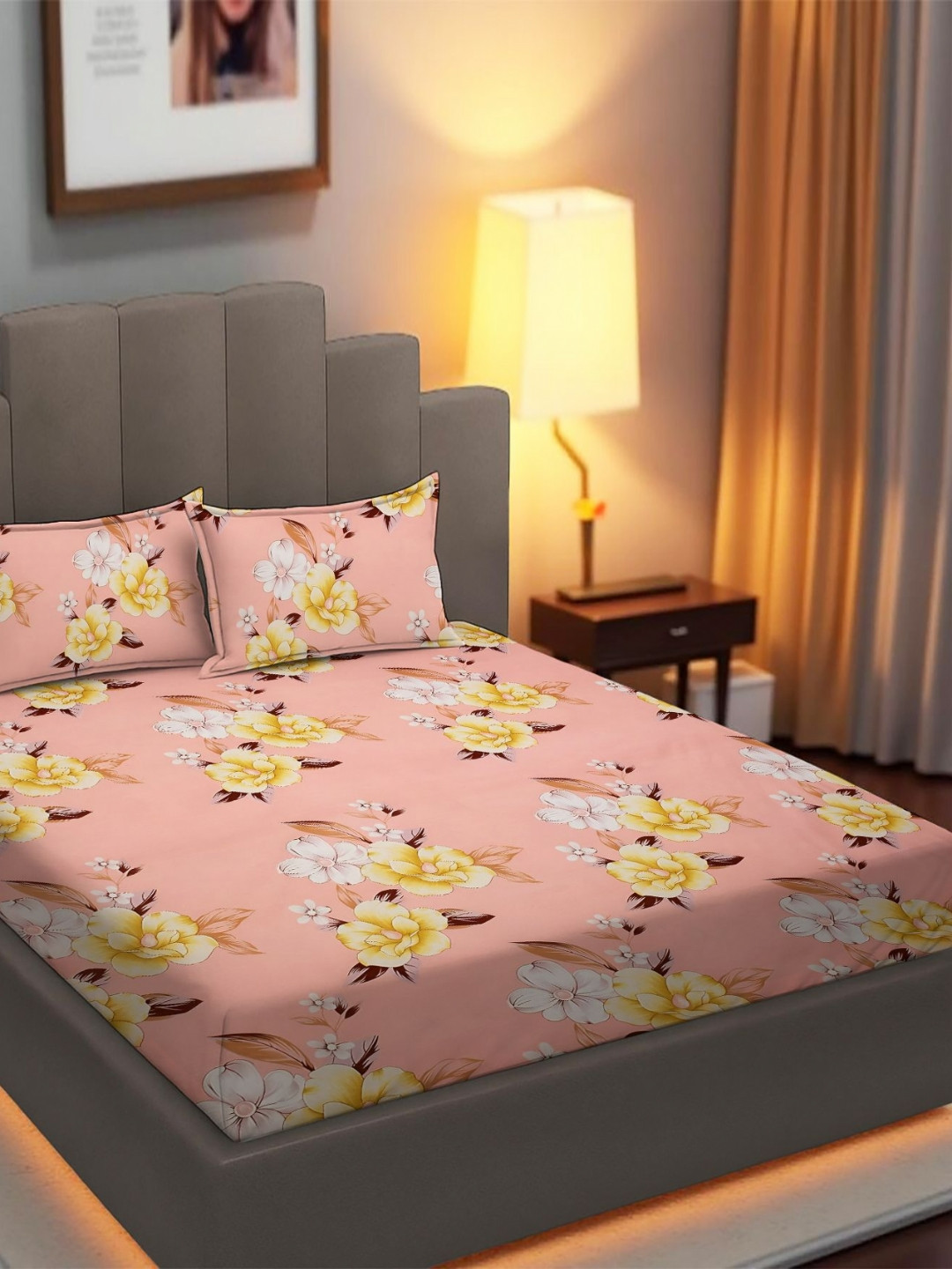 Aura Pink & Yellow Floral Printed 240 TC Double Cotton Bedsheet Set 1.8288 m x 1.9812 m