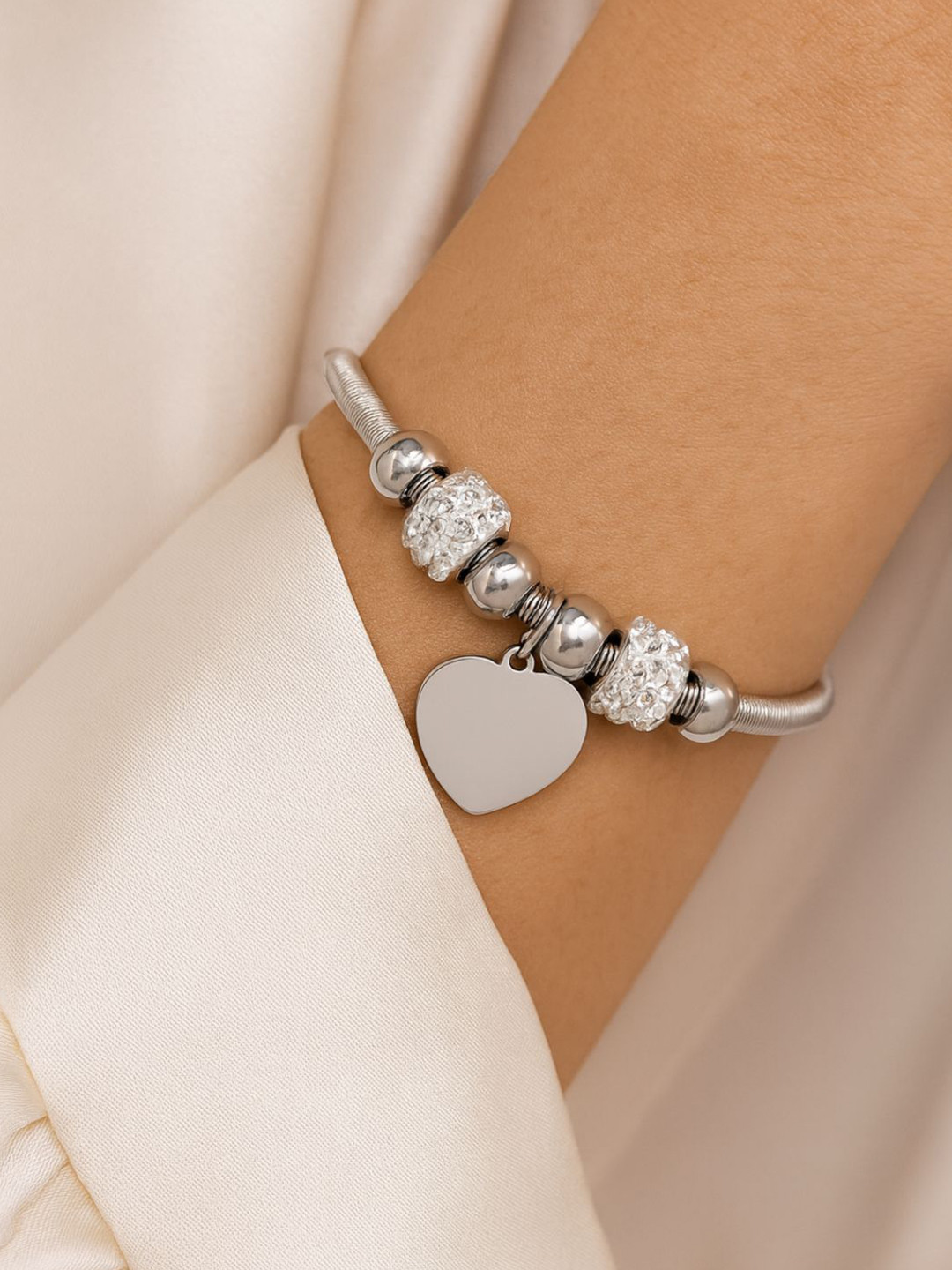 I Jewels Silver-Plated Crystals Studded Charm Bracelet With Heart Drop