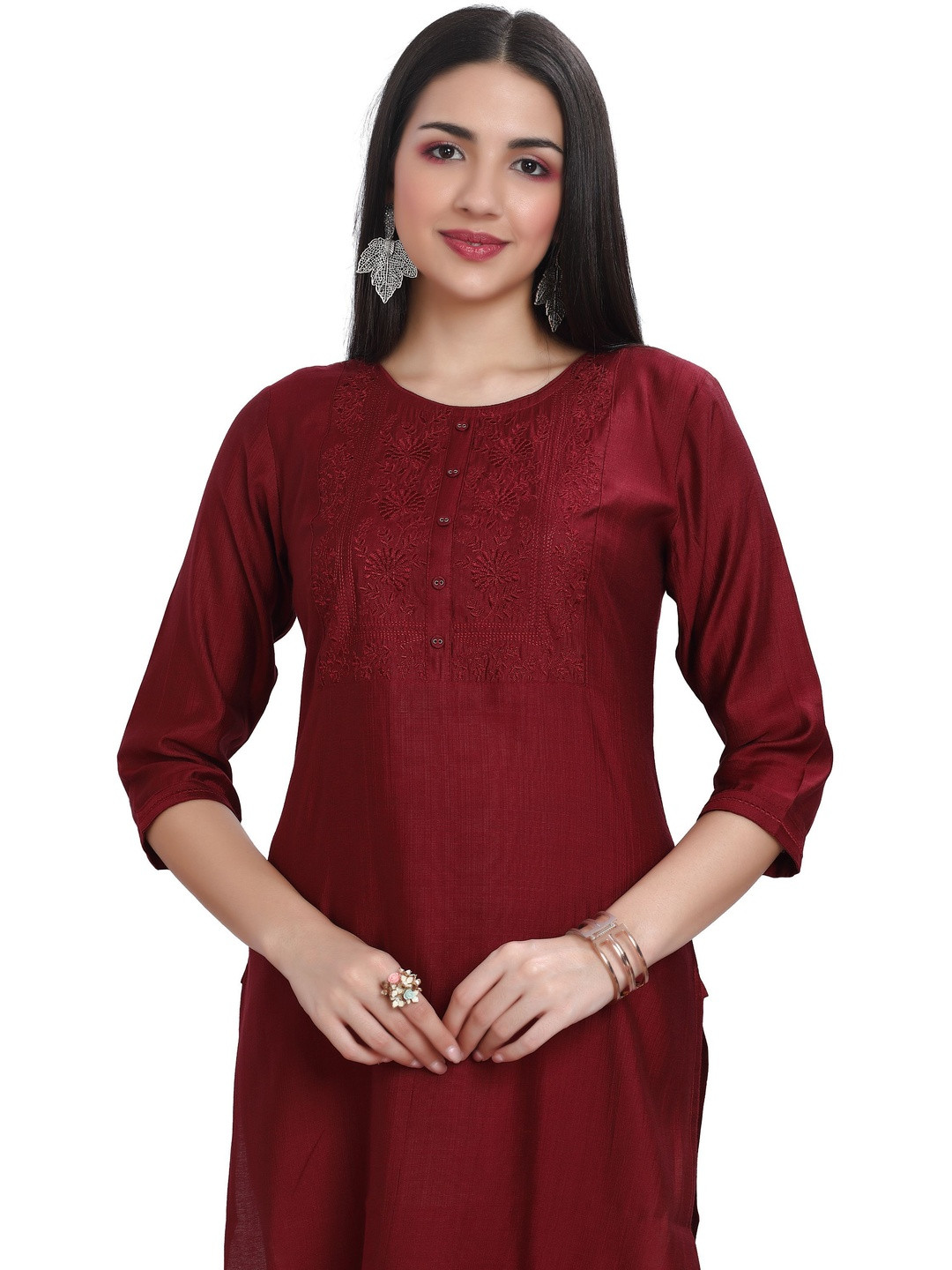 GREAT OUTFITS Floral Embroidered Round Neck Pure Silk Kurti