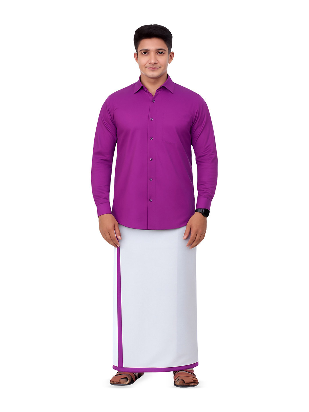 PRAKASAM COTTON Readymade Full Sleeve Shirt and Matching Border Dhoti Set