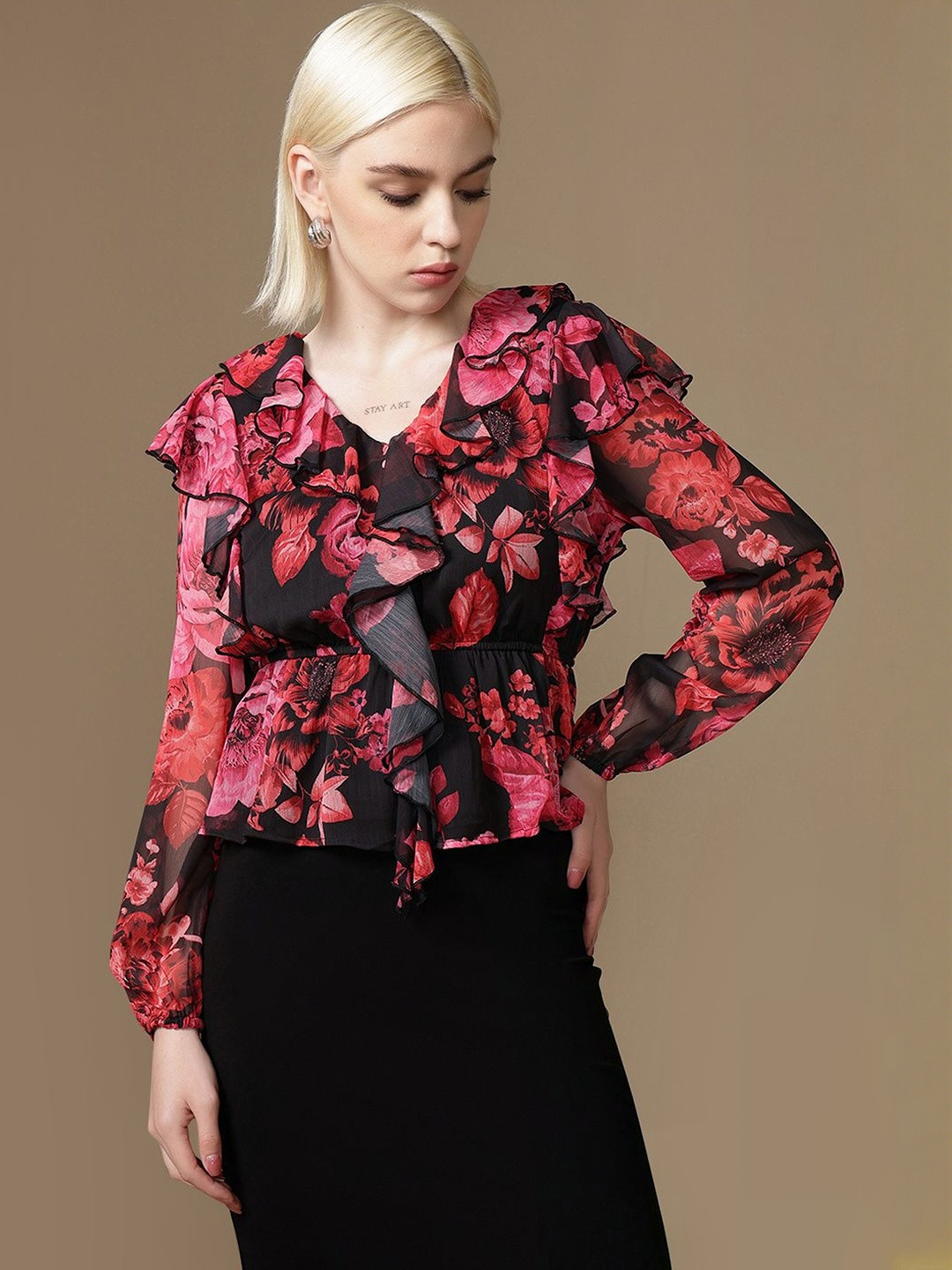 Kazo Women Floral Printed Ruffles Peplum Top