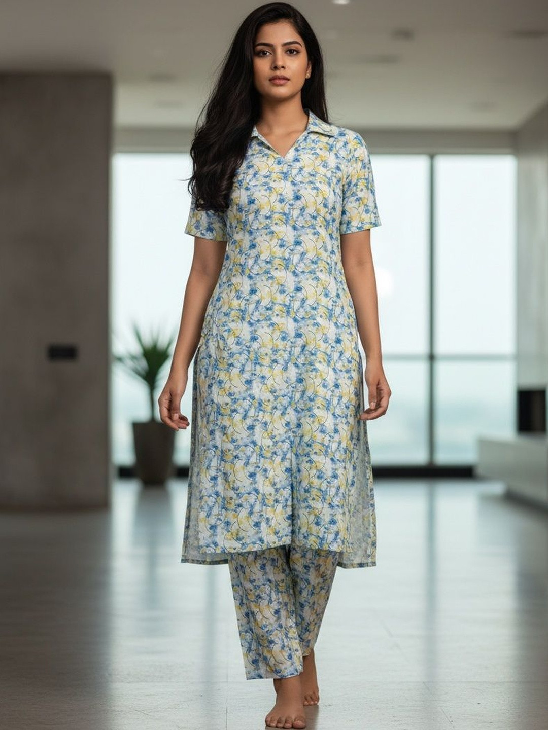 FABLAND Floral Printed Shirt Collar Straight Kurta With Trouser
