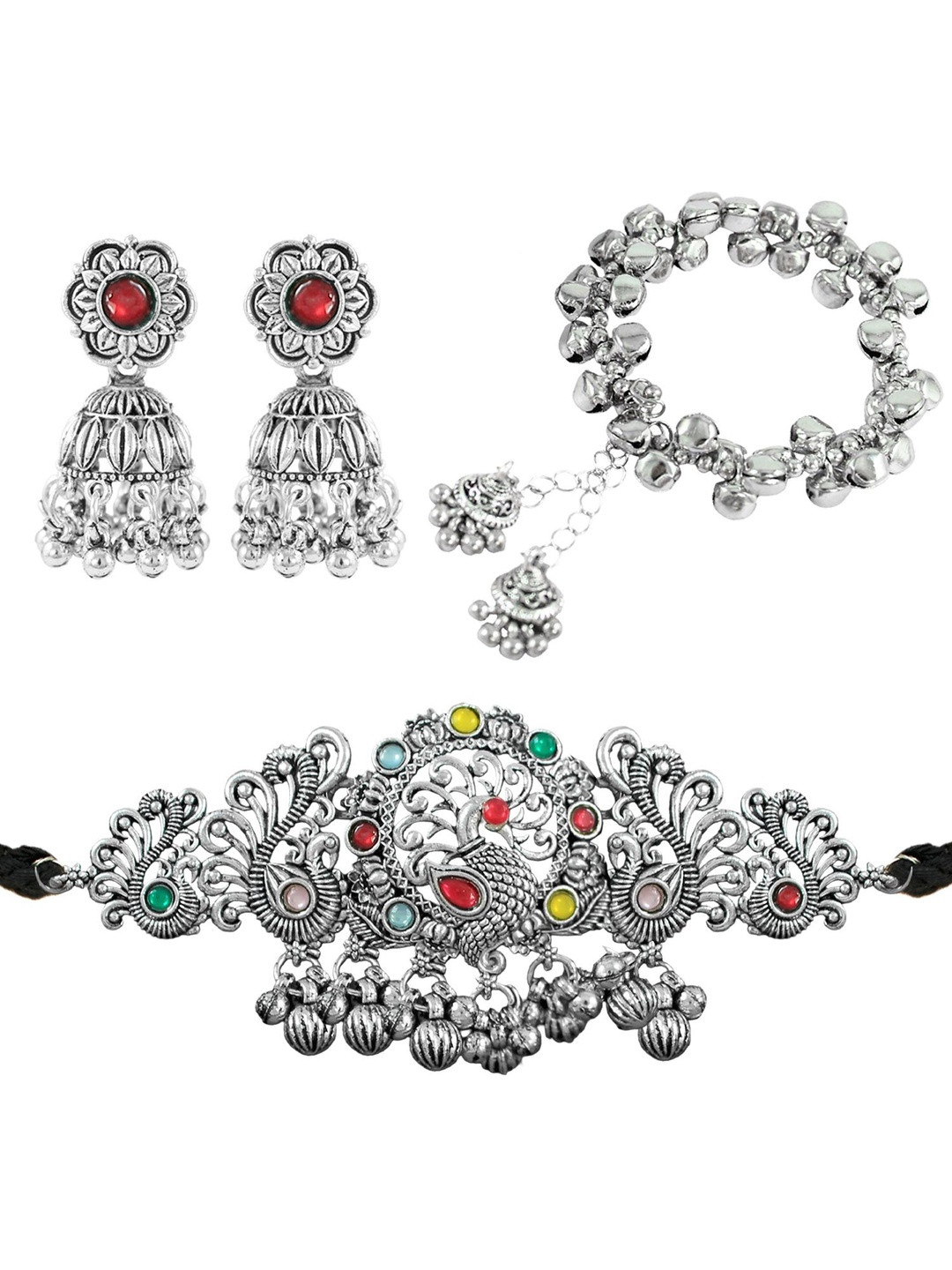 JFL - JEWELLERY FOR LESS Silver-Plated Artificial Stones Studded & Beaded Jewellery Set