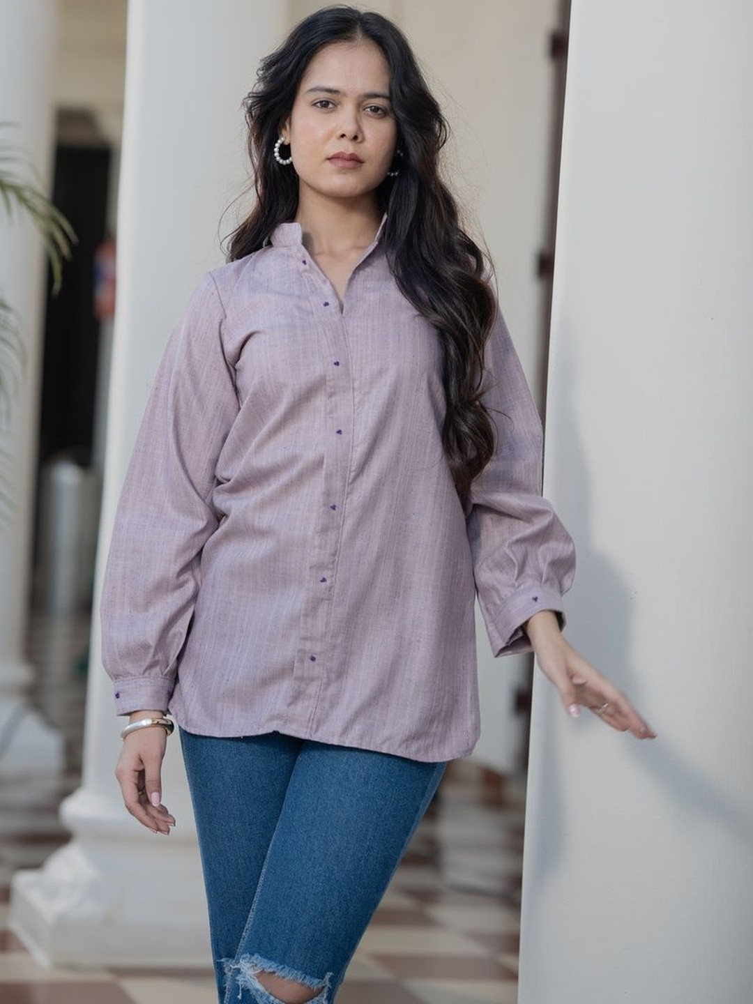 Meeshara Solid Mandarin Collar Shirt Style Top