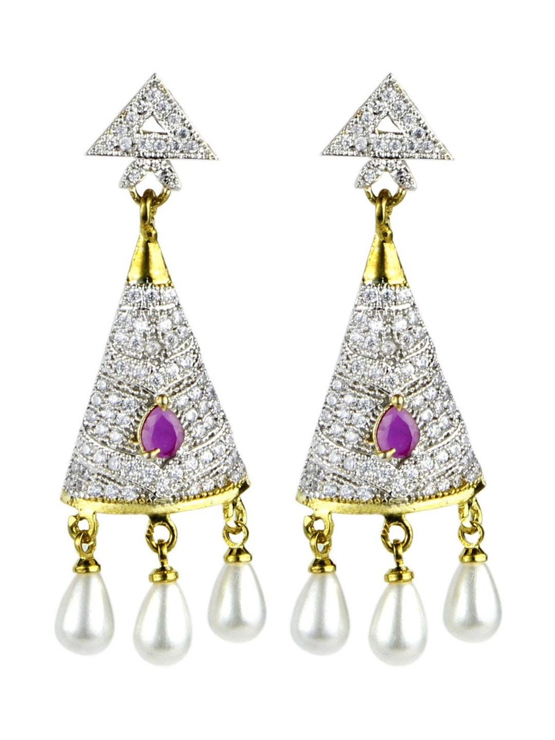 Sitashi Gold-Plated American Diamond Studded And Pearls Beaded Geometric Drop Earrings