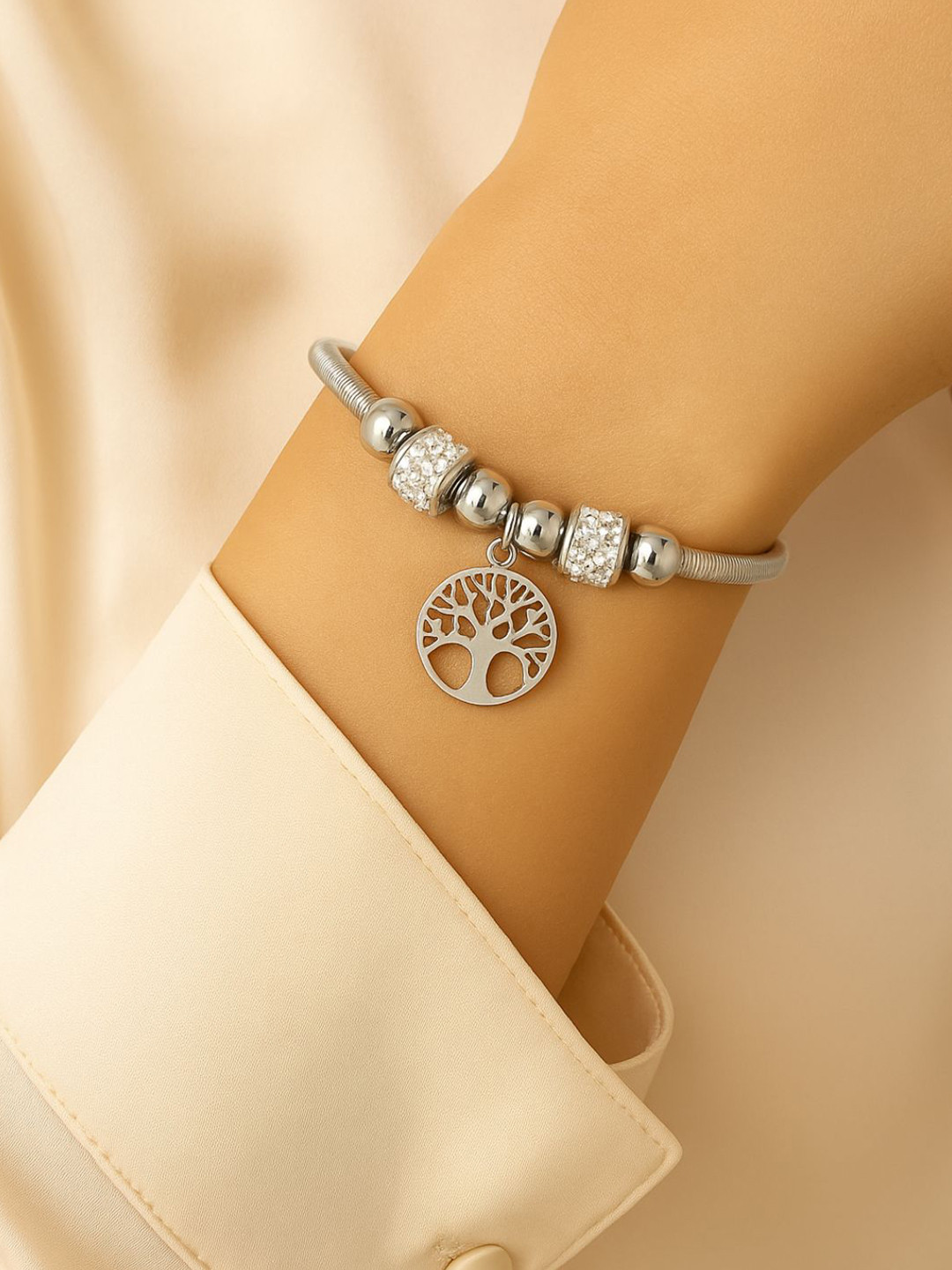 I Jewels Silver-Plated Crystals Studded Charm Bracelet With Tree Drop