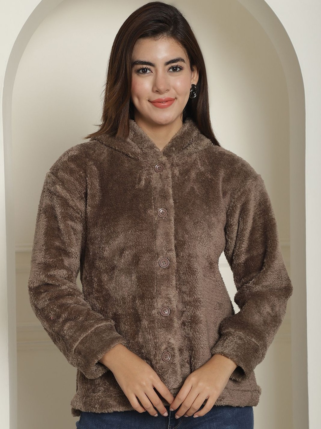 CORSICA Women Faux Fur Button Placket Hooded Jacket