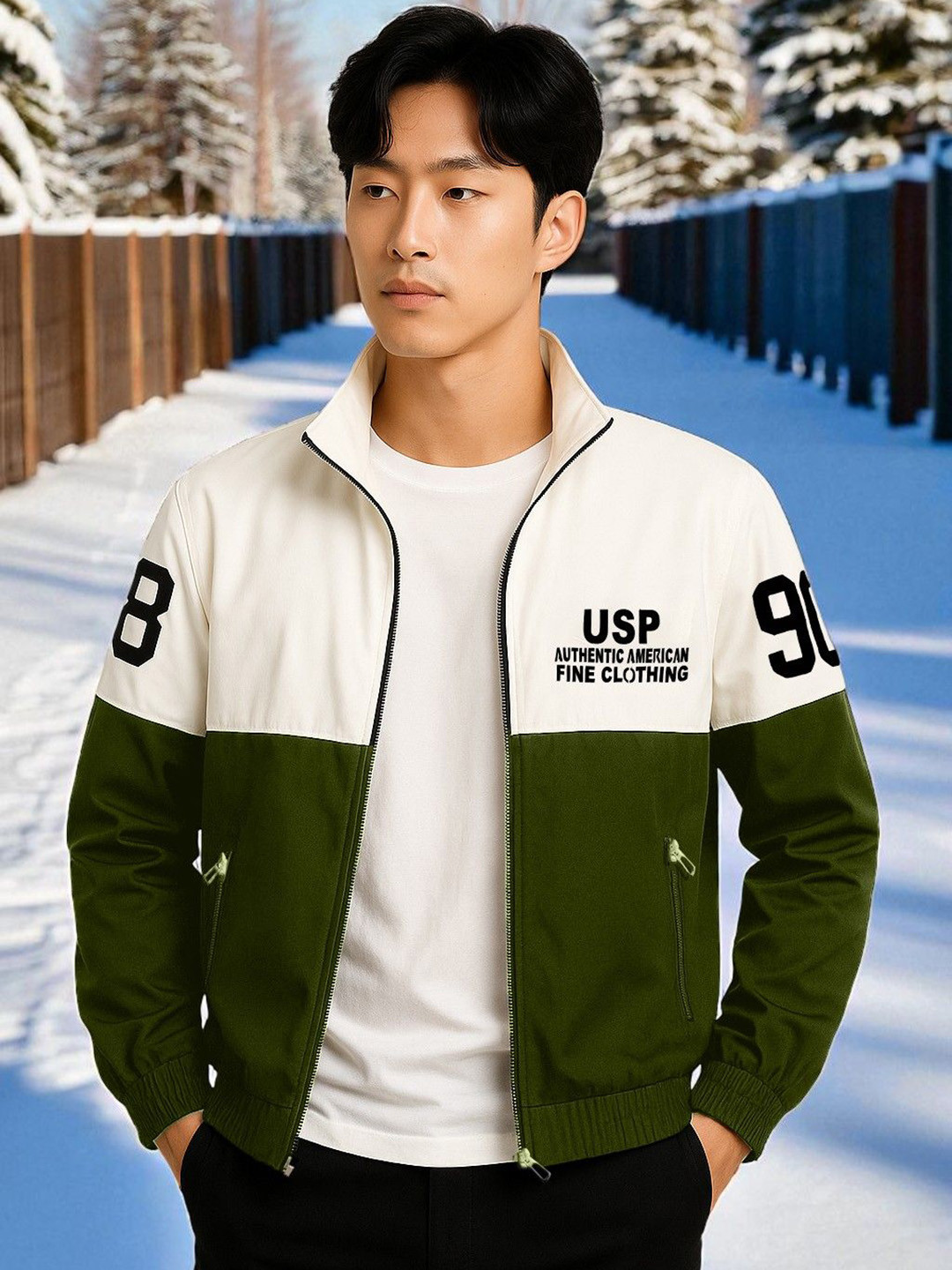 PLUS 91 Stand Collar Leather Jacket with Embroidered