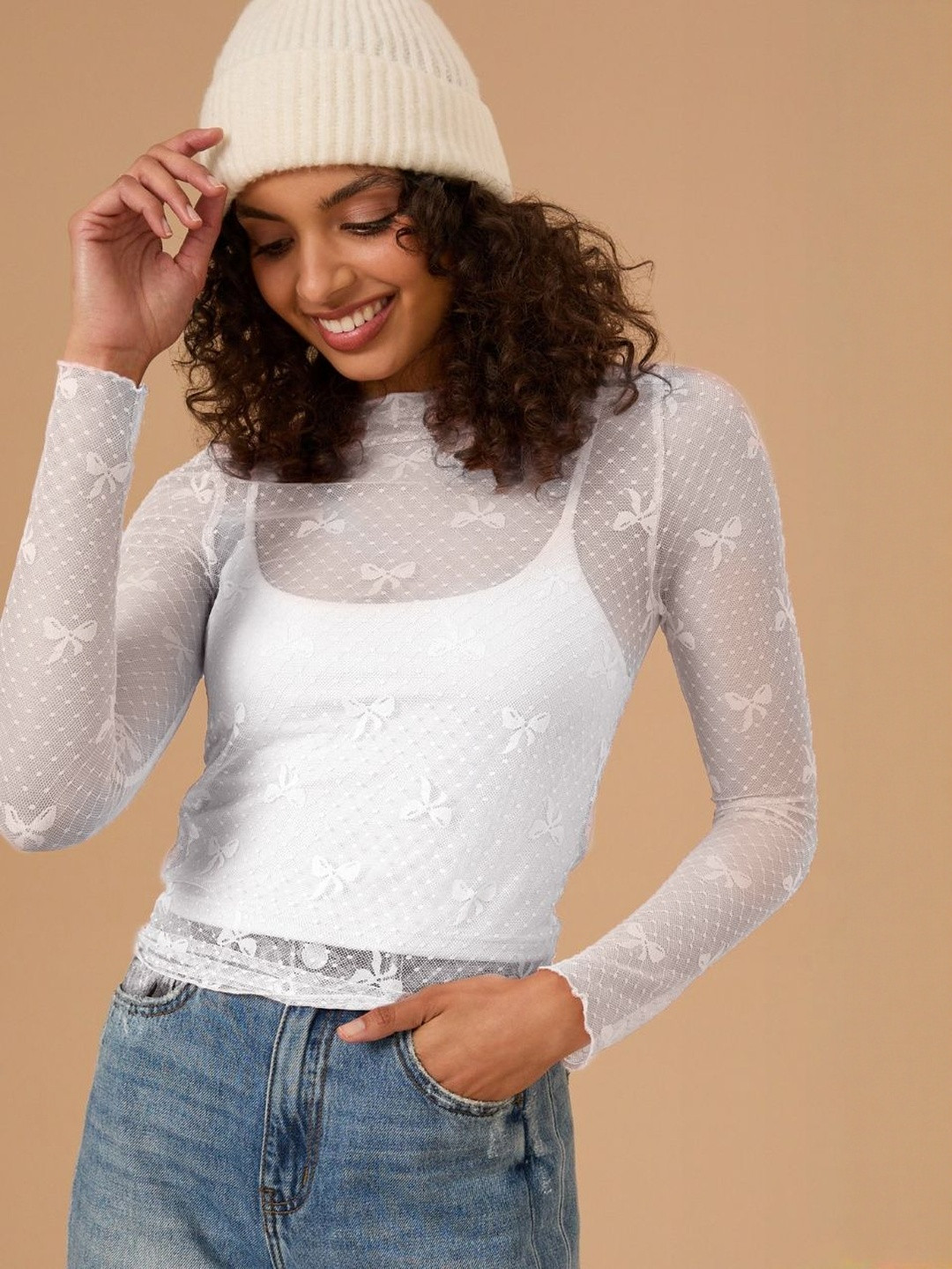StyleCast Women's White Sheer Long Sleeve Top
