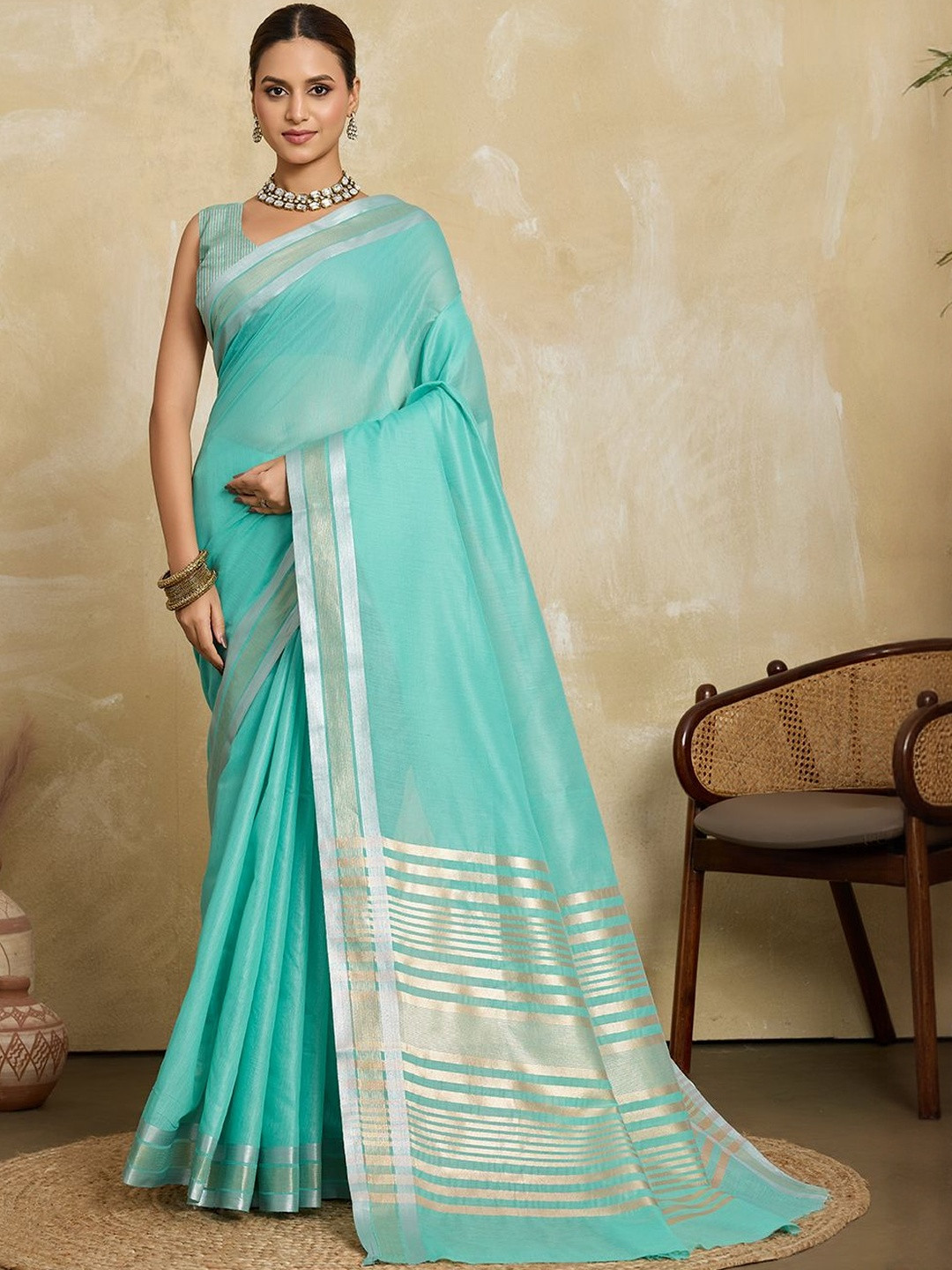BFM Striped Zari Saree with Blouse Piece
