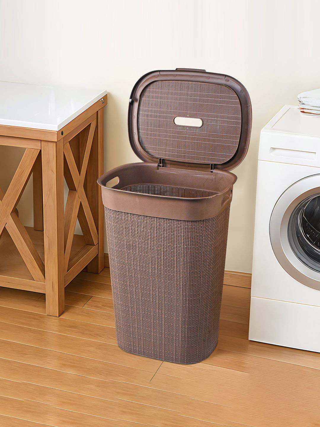 Kuber Industries Brown Woven-Designed Laundry Basket With Lid & Handle 55 L