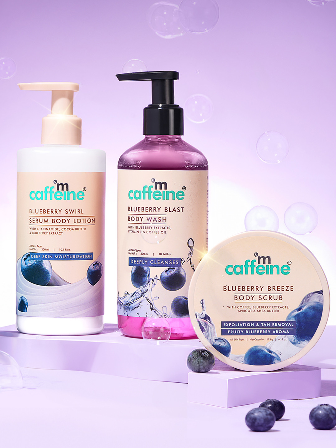 MCaffeine Blueberry Bath & Body Set- Body Wash 300ml + Body Scrub 175g + Body Lotion 300ml