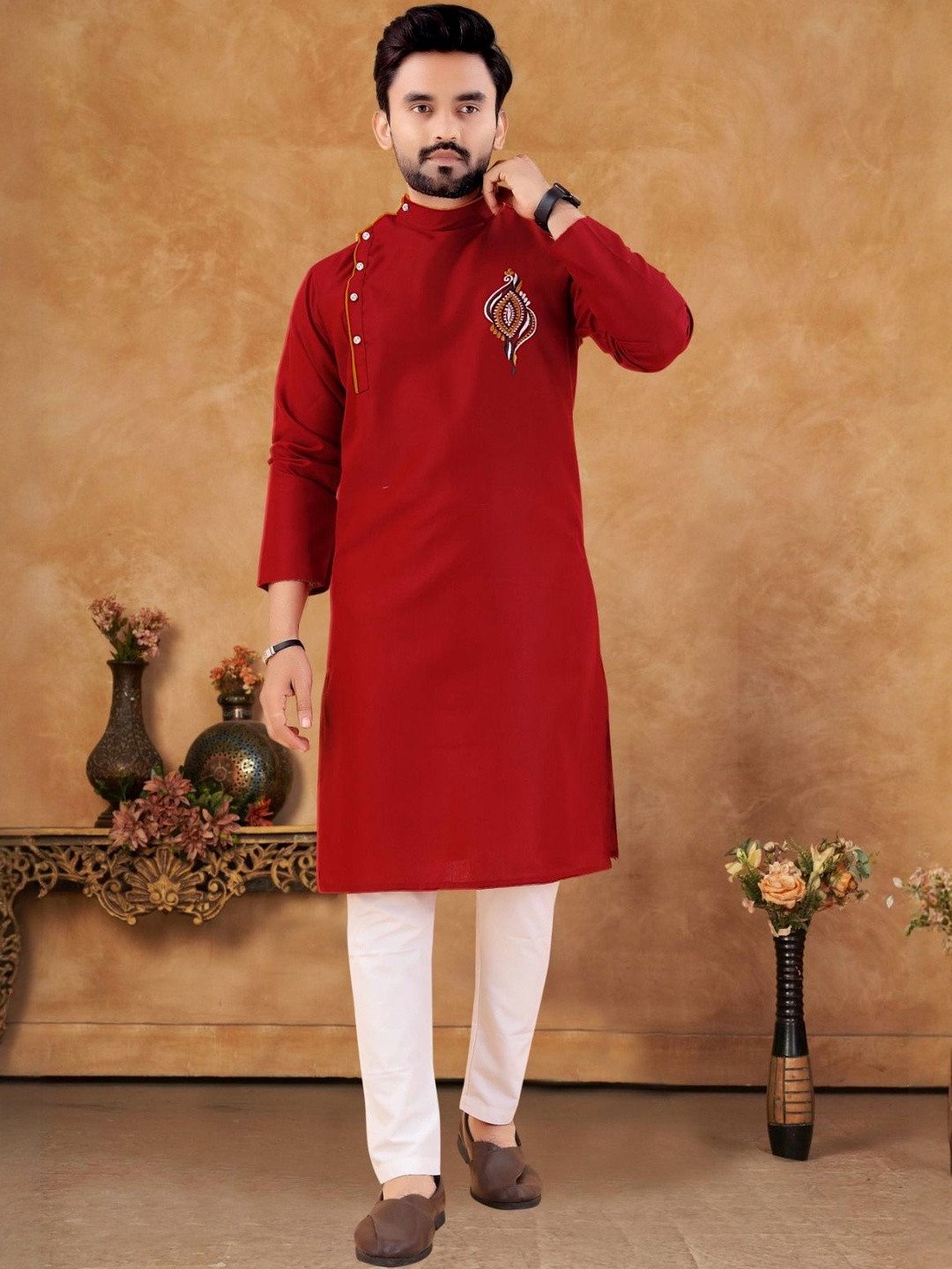 MERAHKI CLOTHING Men Ethnic Motifs Embroidered Cotton Kurta with Trousers