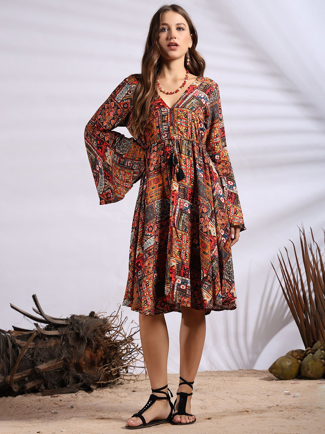 Rust Bohemian Print Flared Sleeves Knee Length Dress