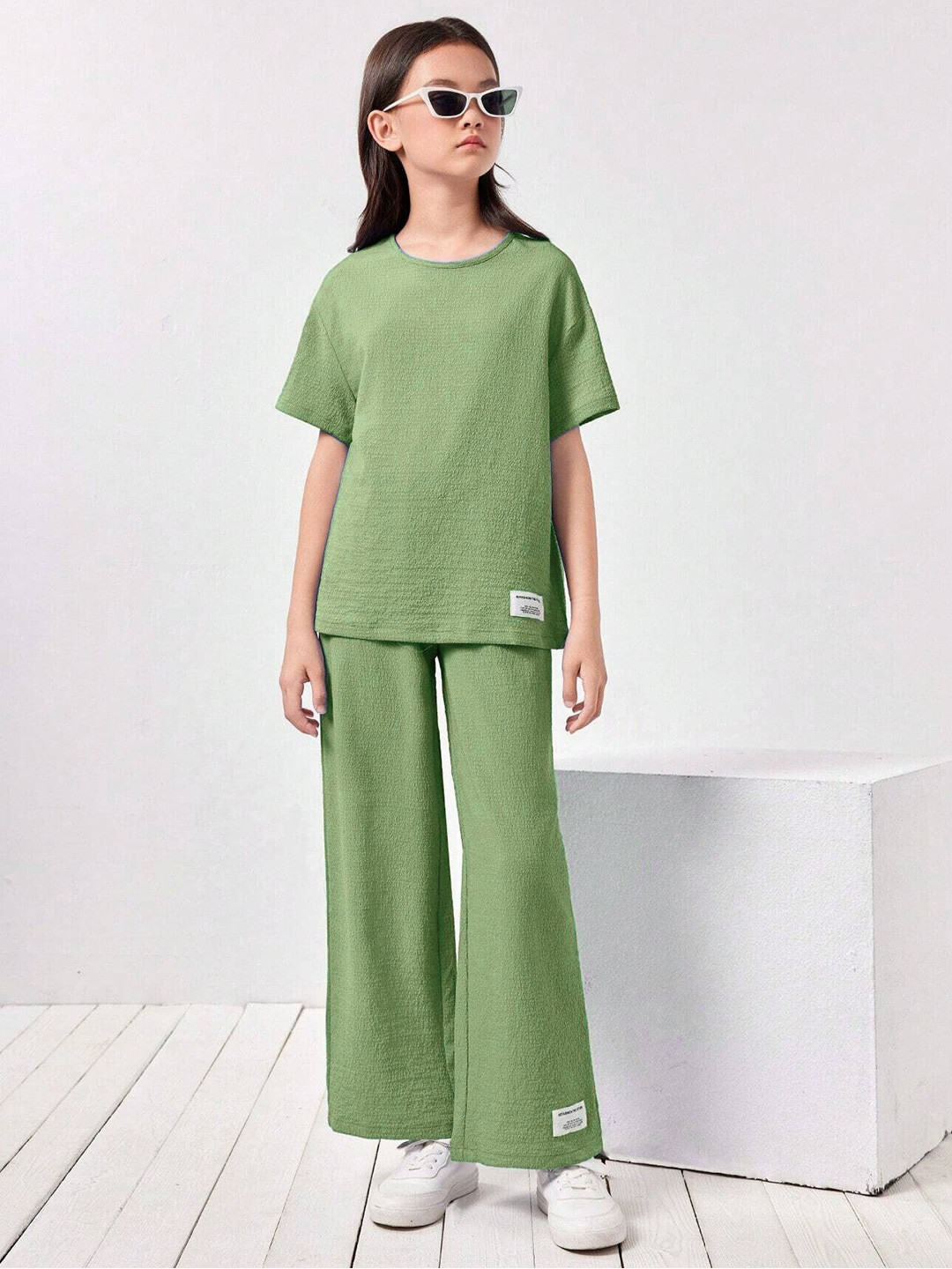 PAGHDAL BROTHER Girls Self Design Round Neck T-Shirt With Trousers