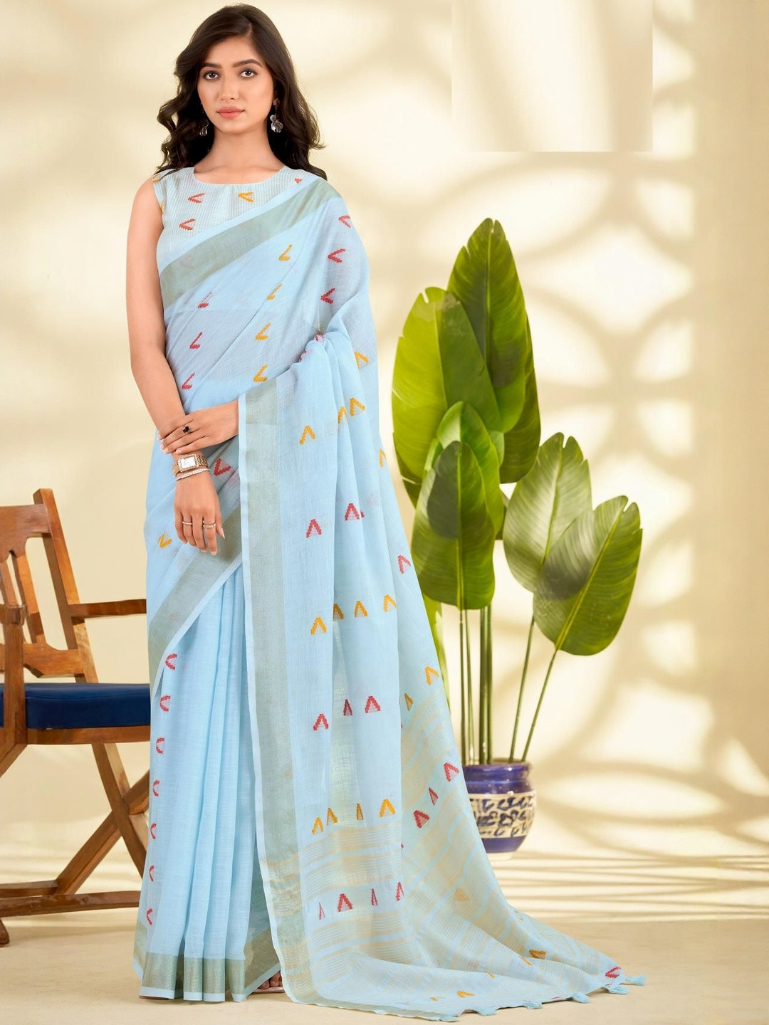 MAHALASA Embroidered Pure Linen Saree With Blouse Piece