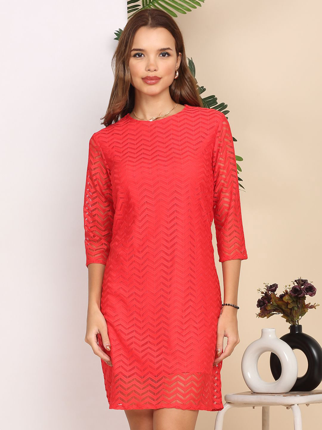 MORDEN MUSE Self Design Round Neck Shift Dress