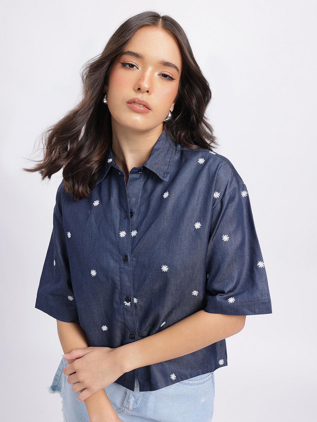 glitchez Floral Embroided Spread Collar Shirt