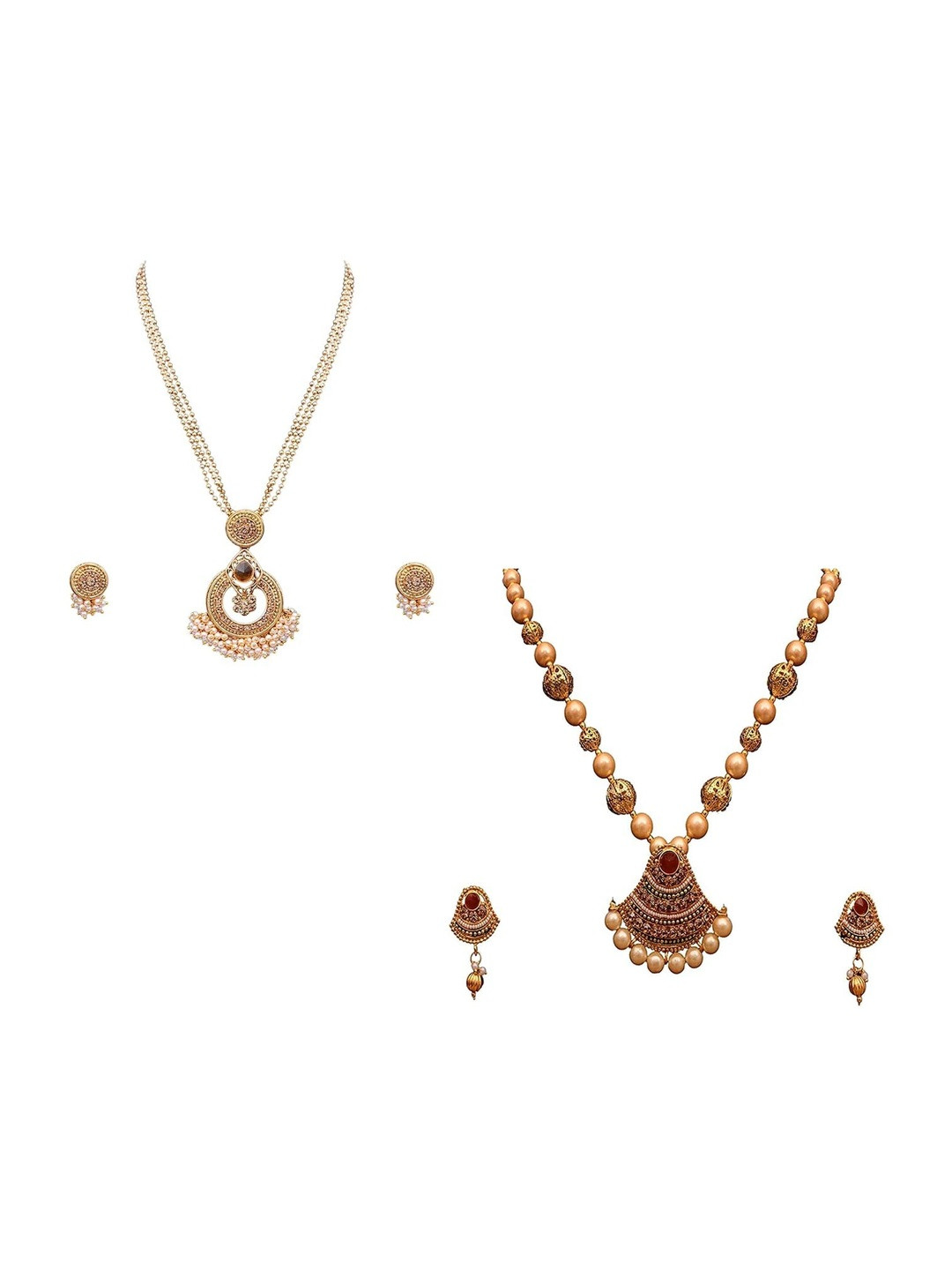 Sitashi Set OF 2 Brass-Plated Brass Artificial Stones Studded & Beaded Necklace & Earrings